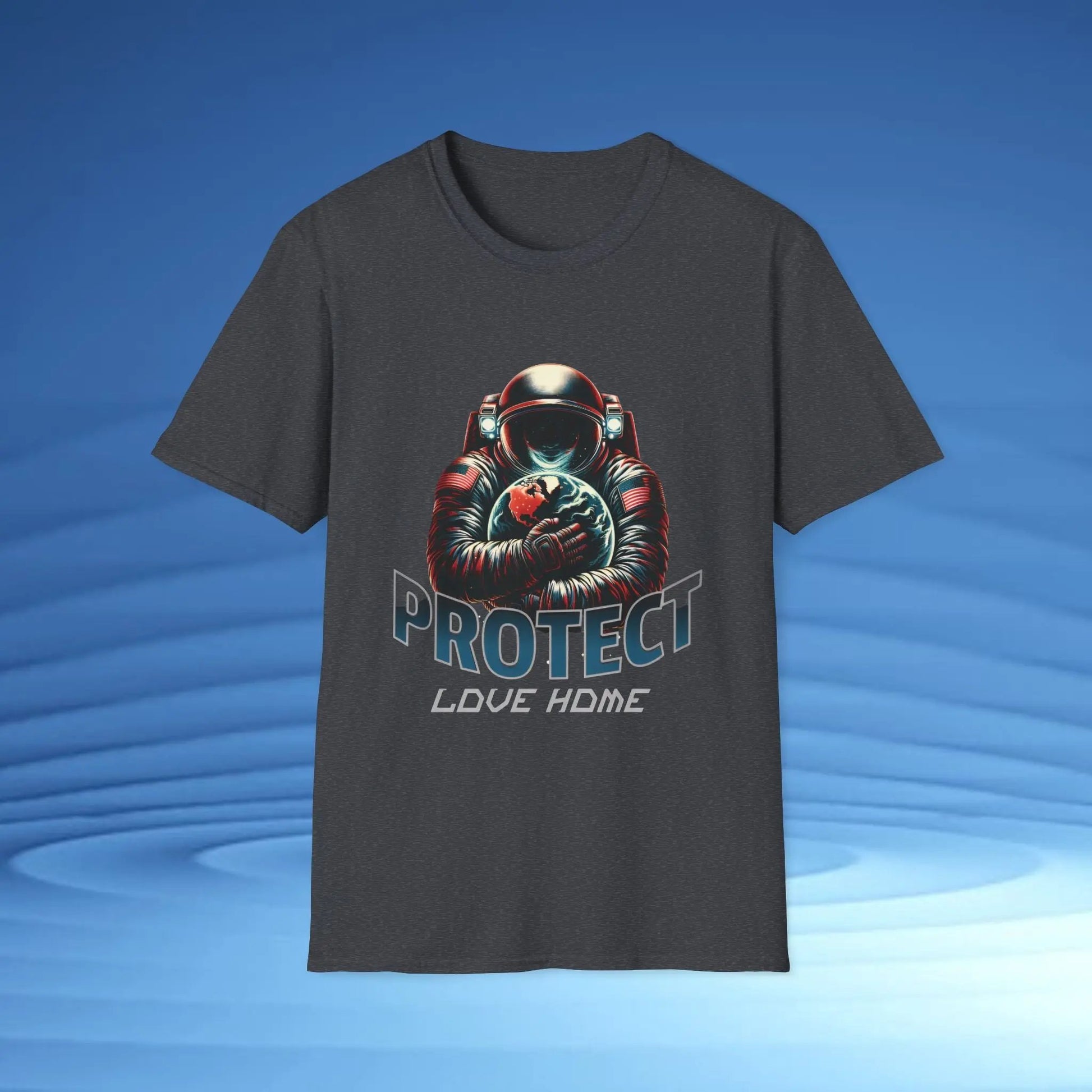 Protect Love Home T-Shirt Astronaut Environmental Graphic Tee | Cosmo Forma Eco-Inspired Streetwear Printify