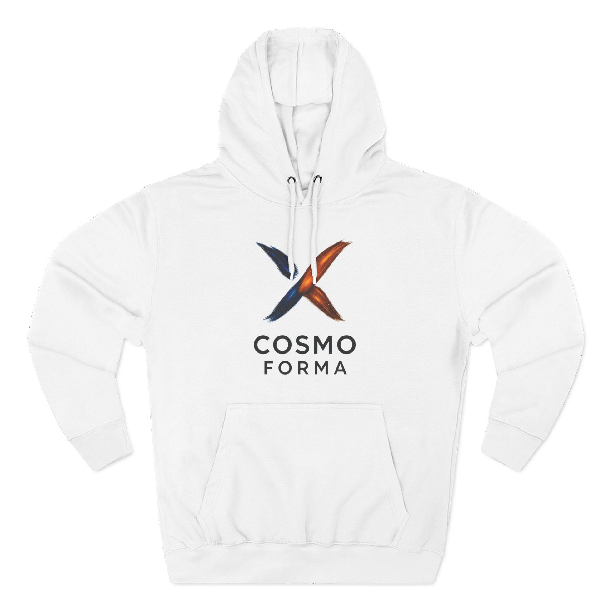 White hoodie with Cosmo Forma logo on a white background