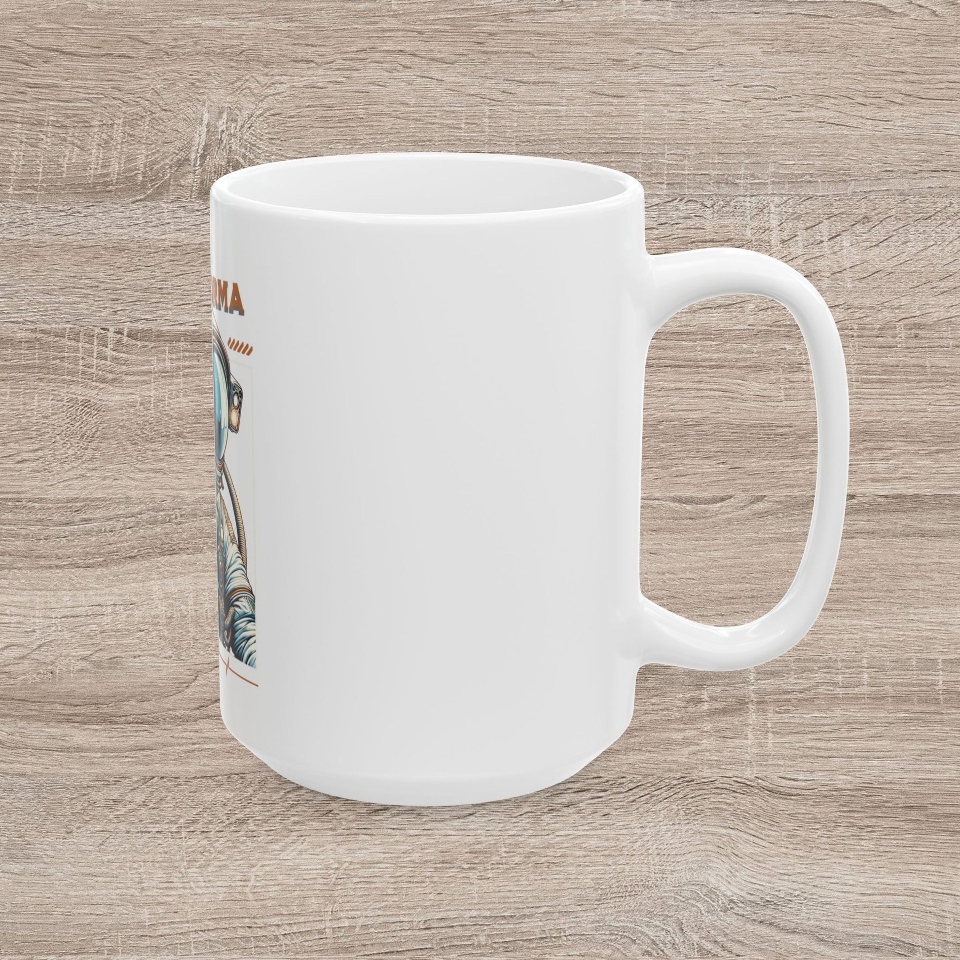 White mug with a graphic design on a wooden surface