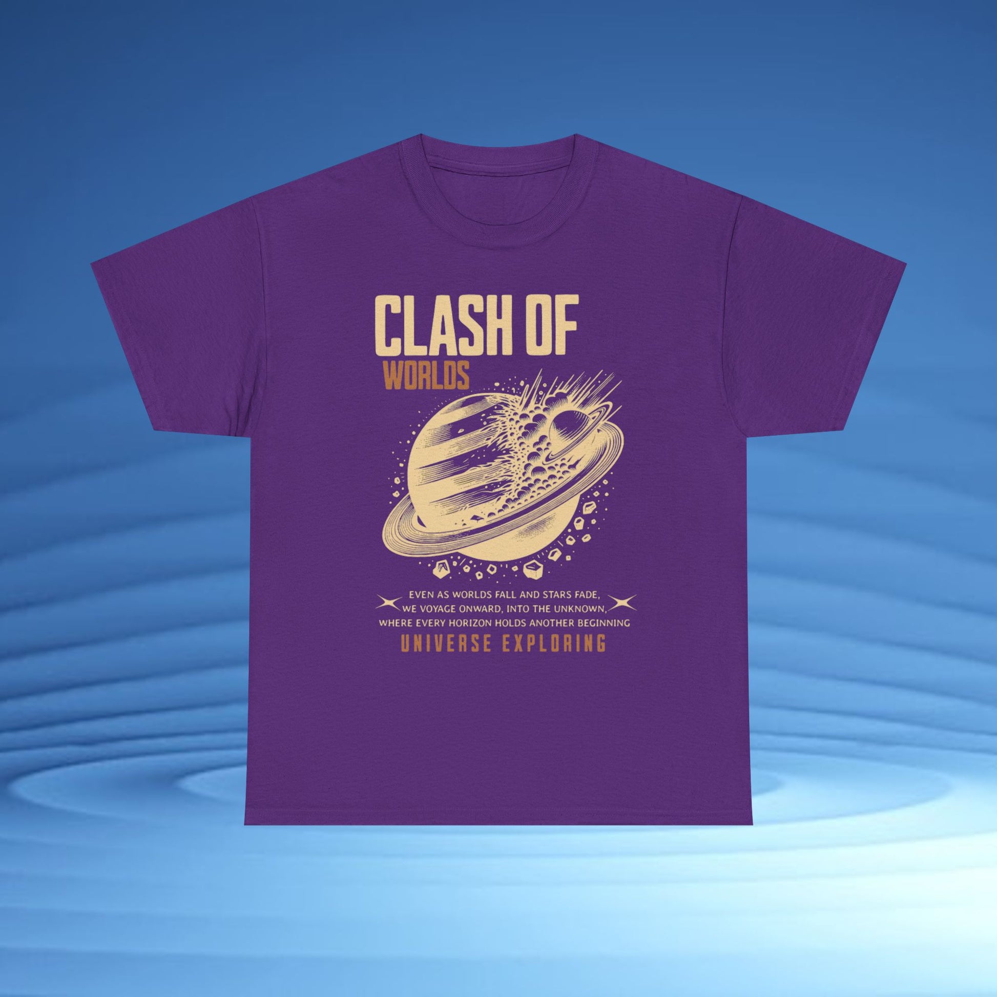 Purple t-shirt with 'Clash of Worlds' graphic design on a blue gradient background