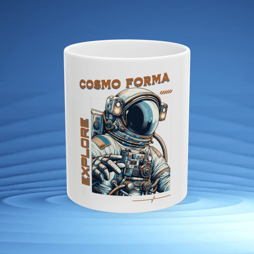 Mug with an astronaut design and 'Cosmo Forma' text on a blue  background CosmoForma