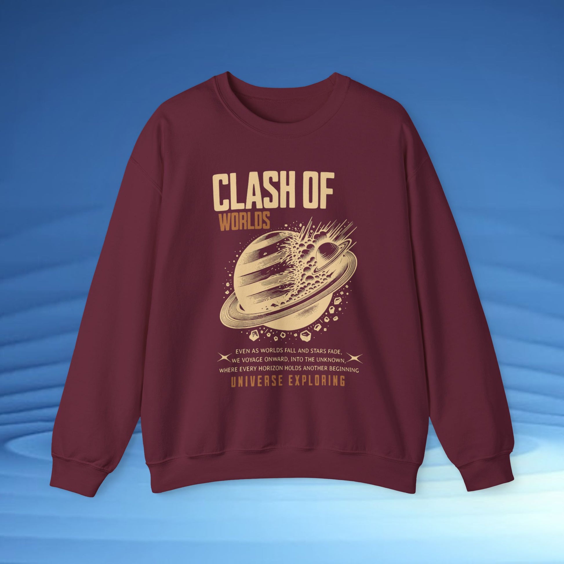 Maroon sweatshirt with 'Clash of Worlds' graphic design on a blue background