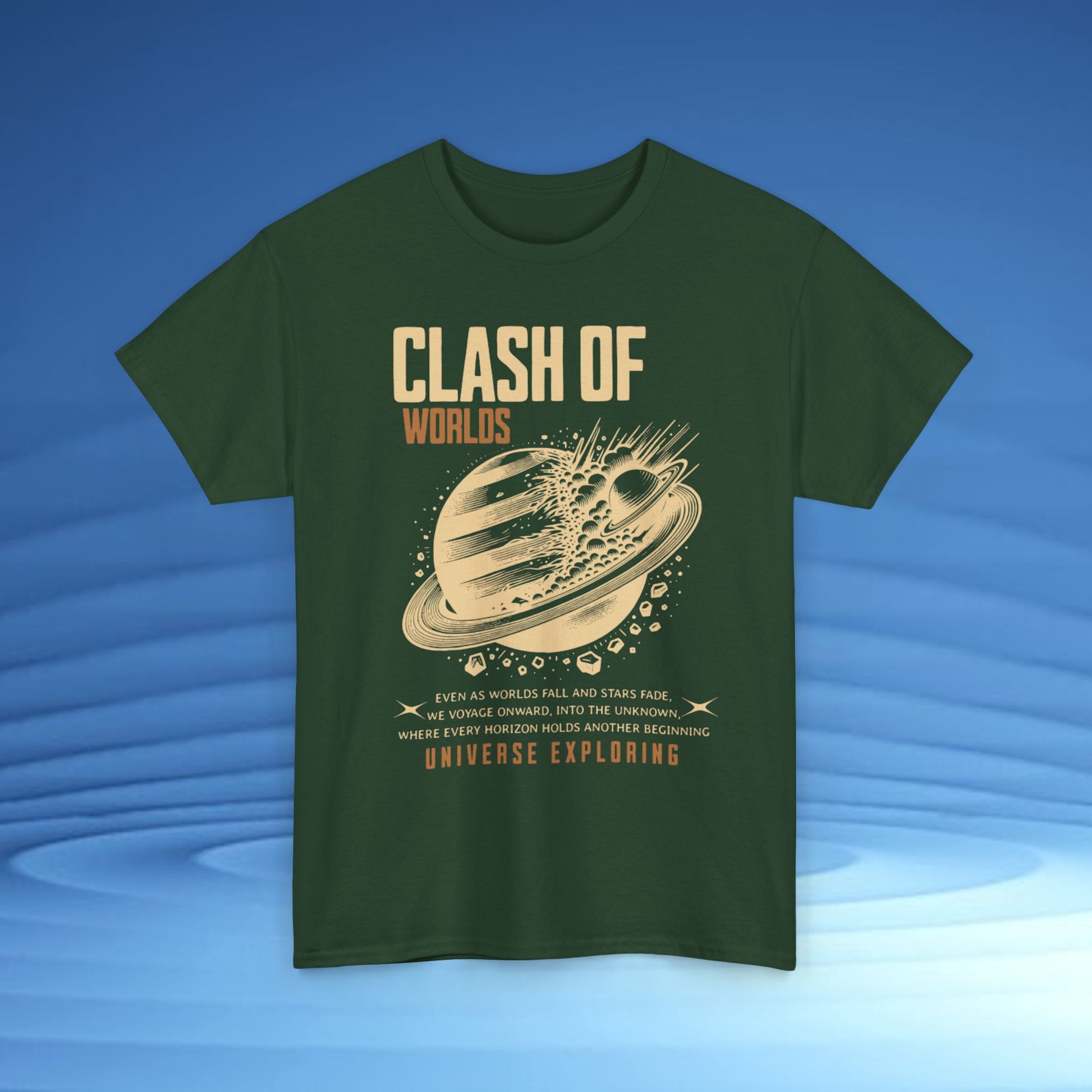 Green t-shirt with 'Clash of Worlds' graphic design on a blue and white wavy background