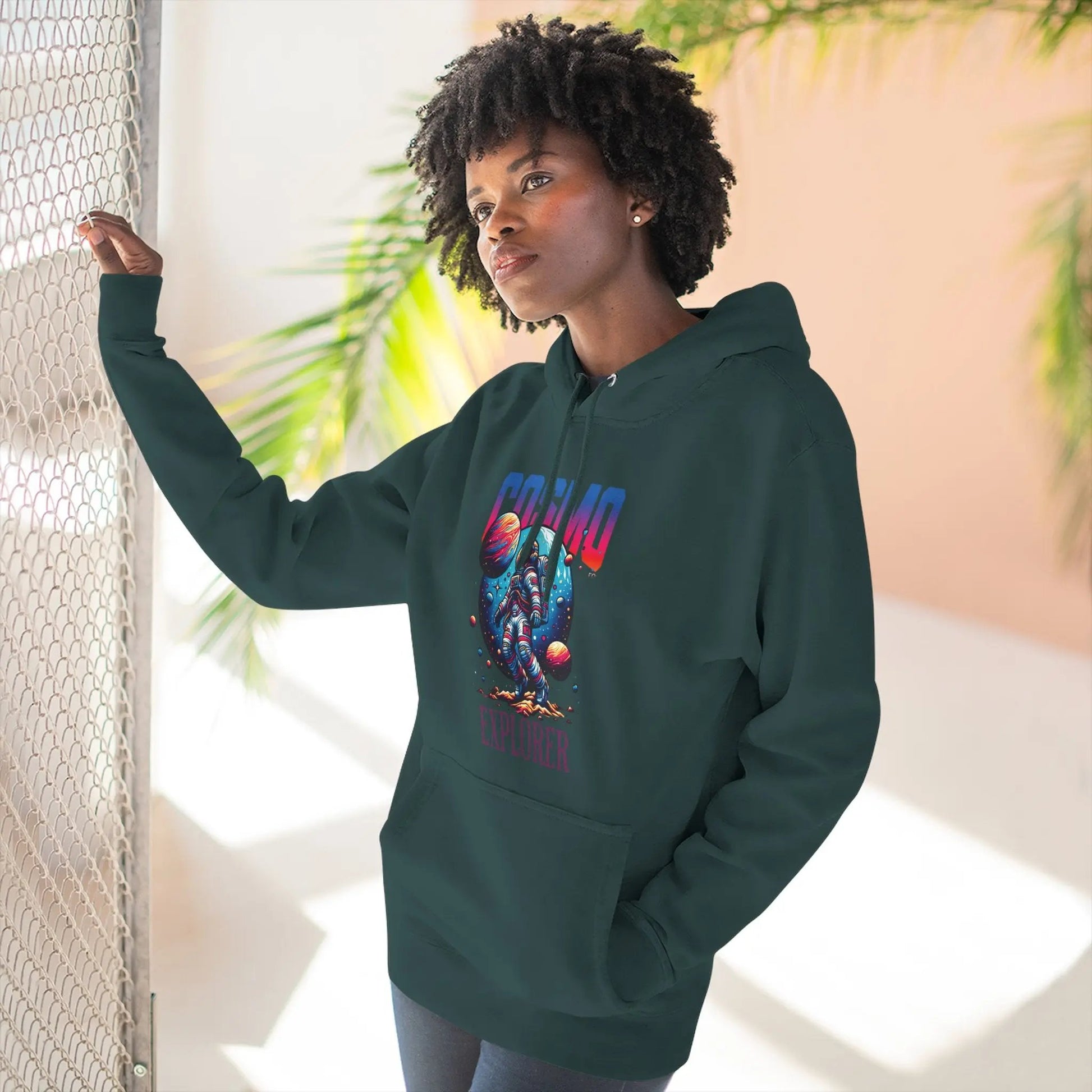 Cosmo Explorer Fleece Hoodie | Astronaut Graphic Pullover by Cosmo Forma Printify