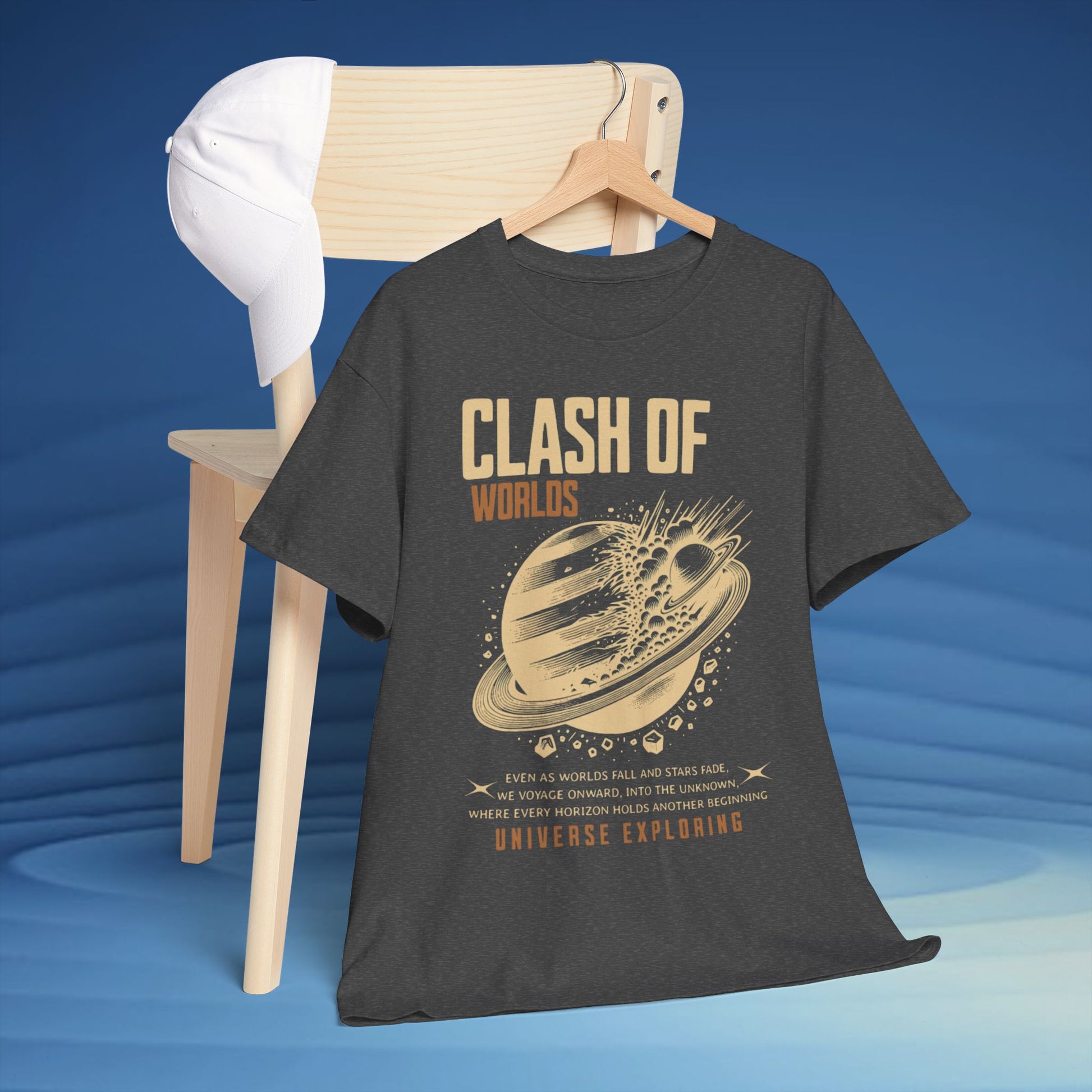 Black t-shirt with 'Clash of Worlds' graphic design on a blue background