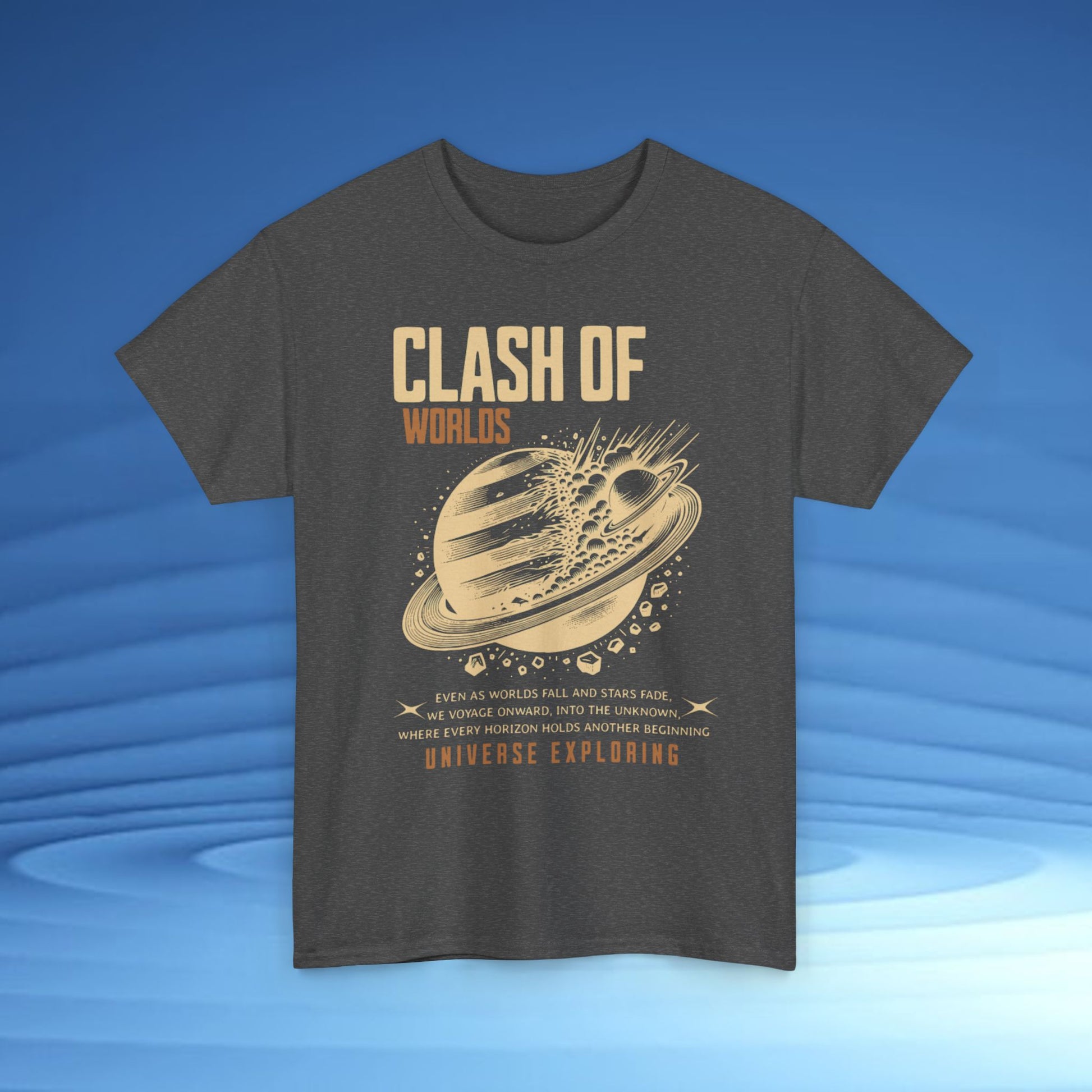 Gray t-shirt with 'Clash of Worlds' graphic design on a blue background