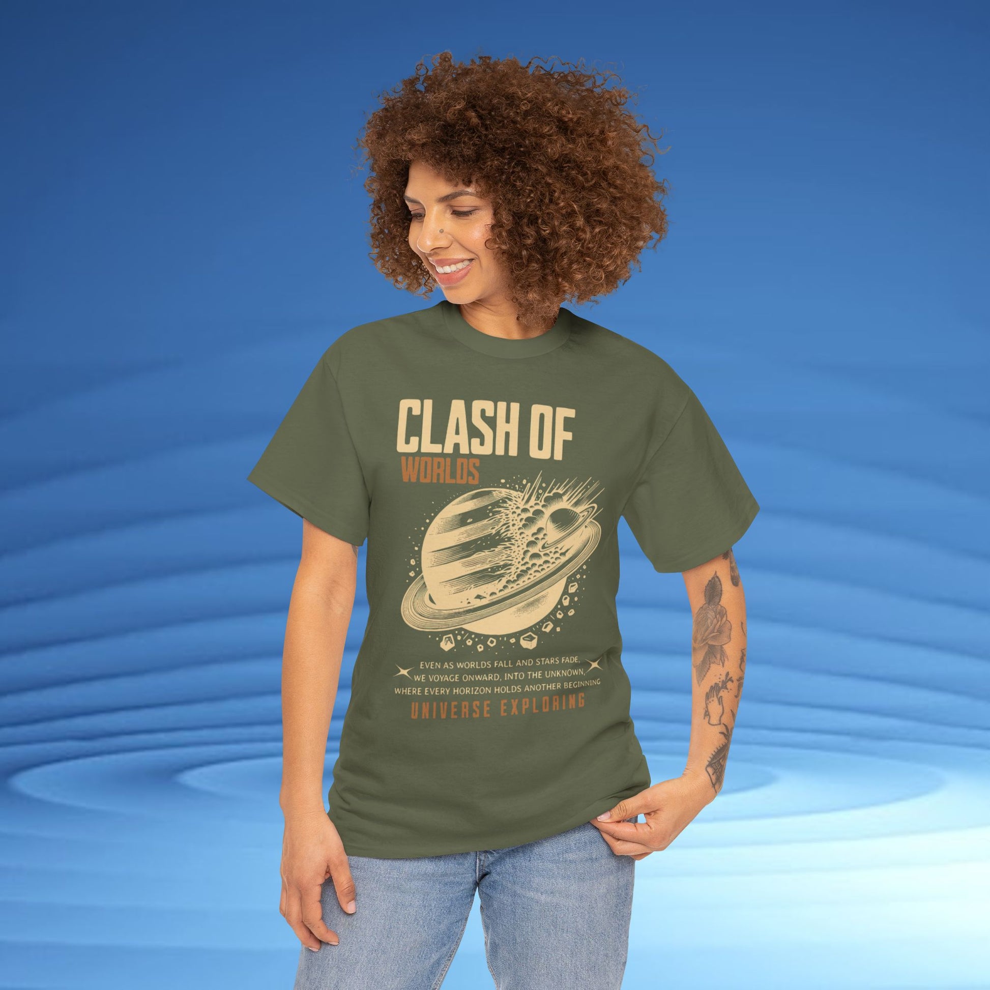 Person wearing a green t-shirt with 'Clash of Worlds' design on a blue background