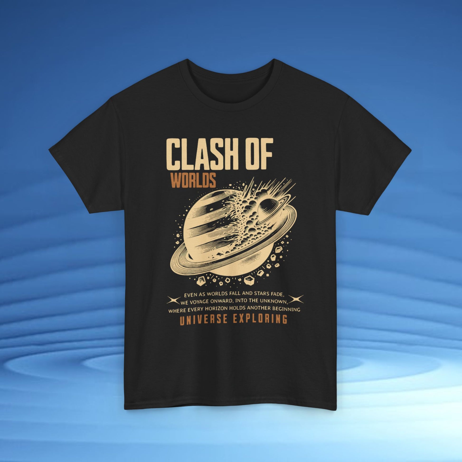 Black t-shirt with 'Clash of Worlds' graphic design on a blue background CosmoForma