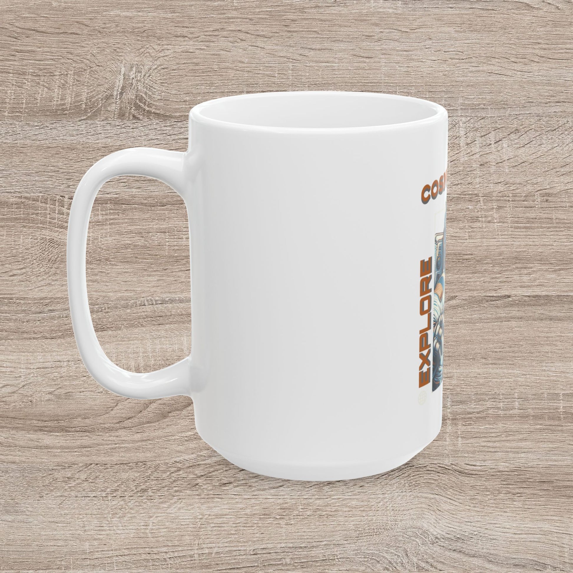 White mug with a printed design on a wooden surface CosmoForma