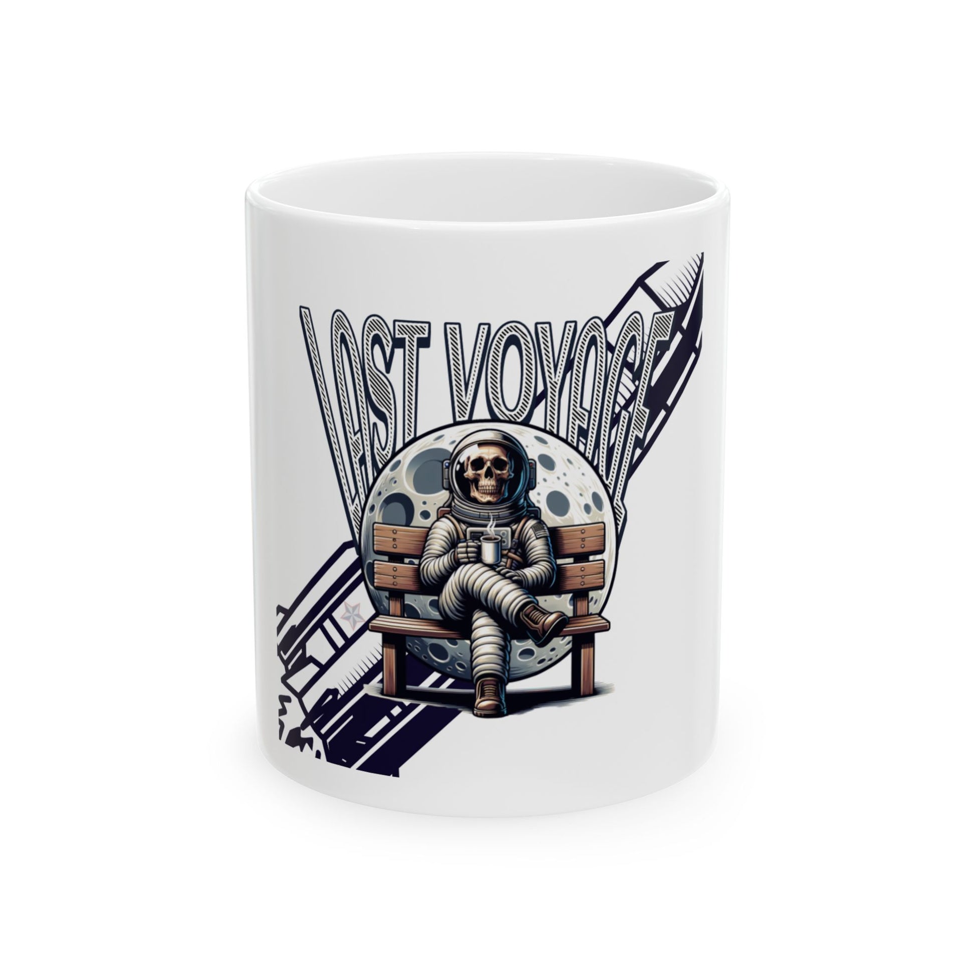 Mug with astronaut design and 'Last Voyage' text on a white background