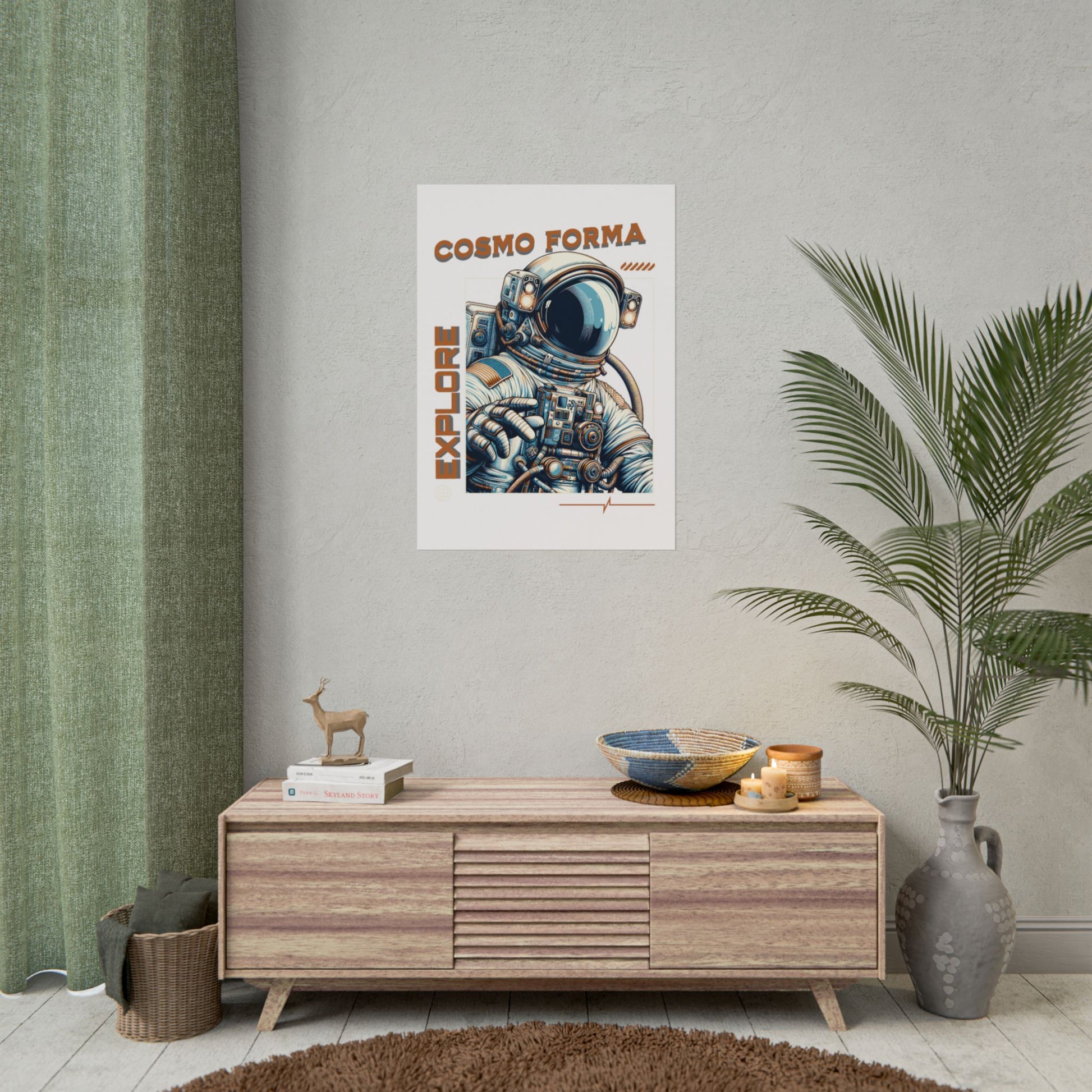 Poster with astronaut design on a wall above a wooden cabinet in a room with a plant and decor items.