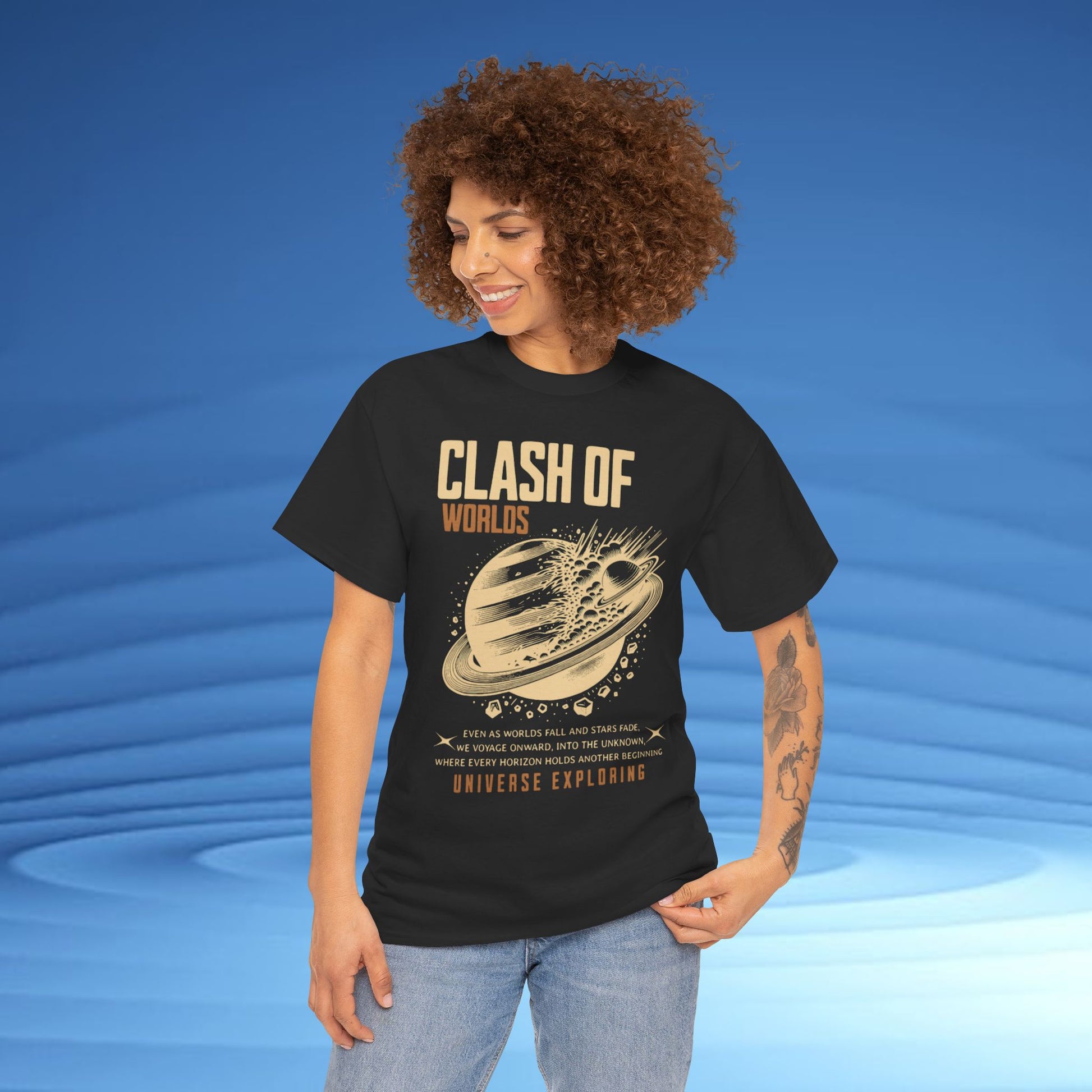 Person wearing a black t-shirt with 'Clash of Worlds' graphic design on a blue background CosmoForma