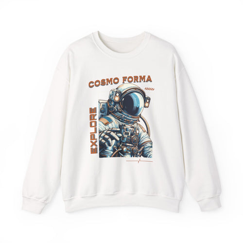 White sweatshirt with an astronaut graphic and 'Cosmo Forma' text on a white background
