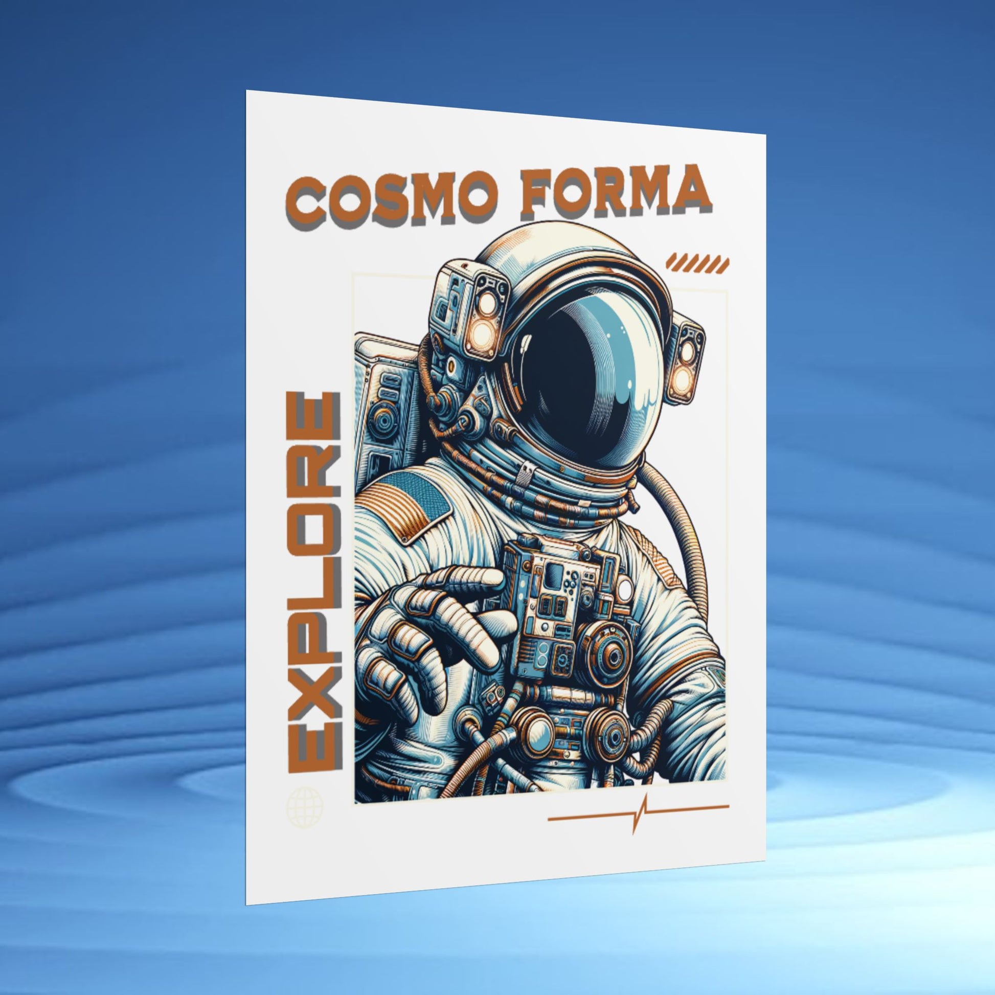 Card with an astronaut illustration and 'Cosmo Forma' text on a blue background