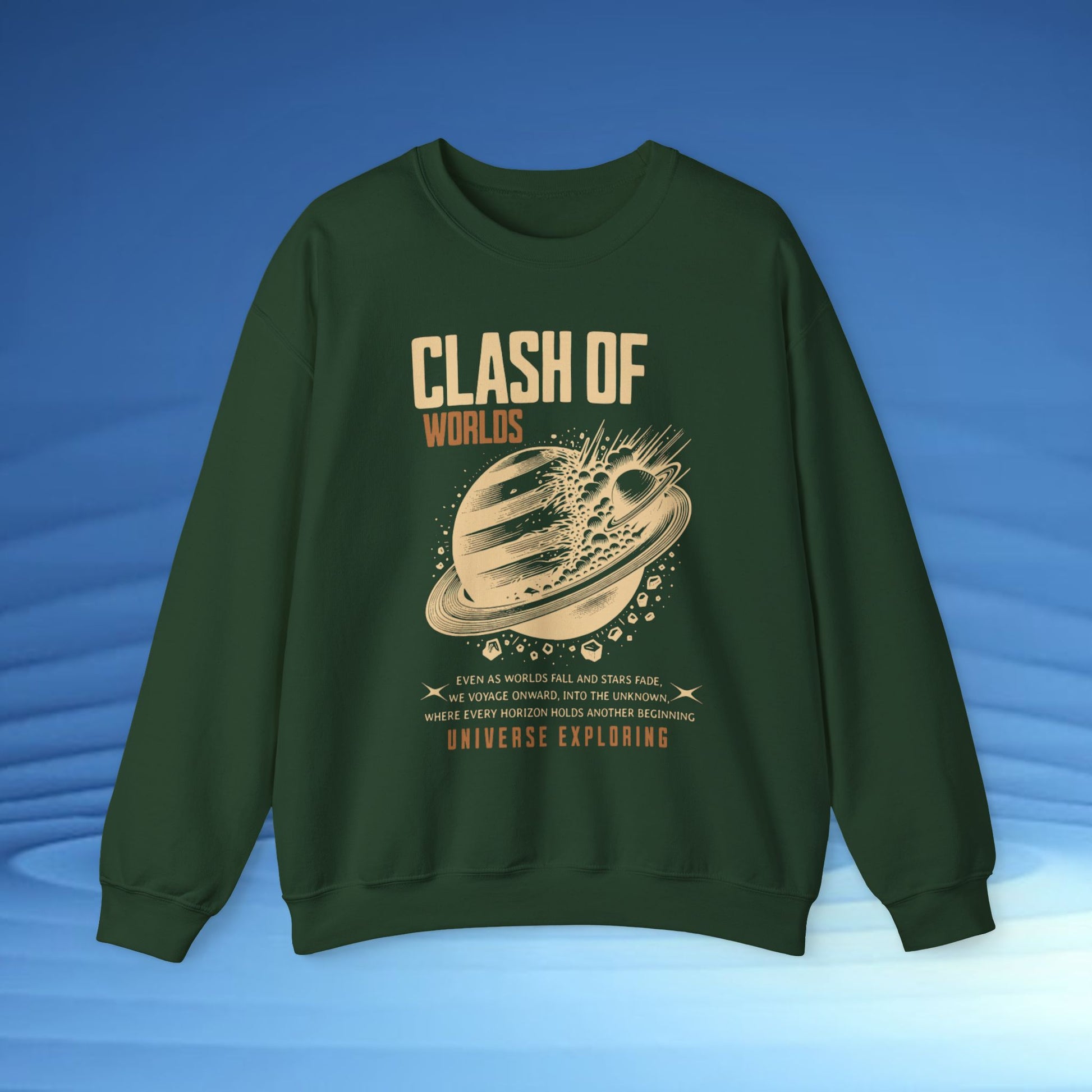 Green sweatshirt with 'Clash of Worlds' graphic design on a blue background