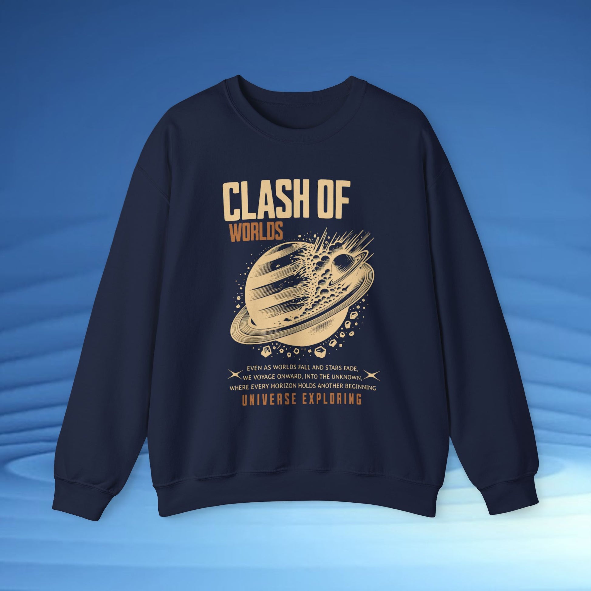 Navy blue sweatshirt with 'Clash of Worlds' design on a blue background