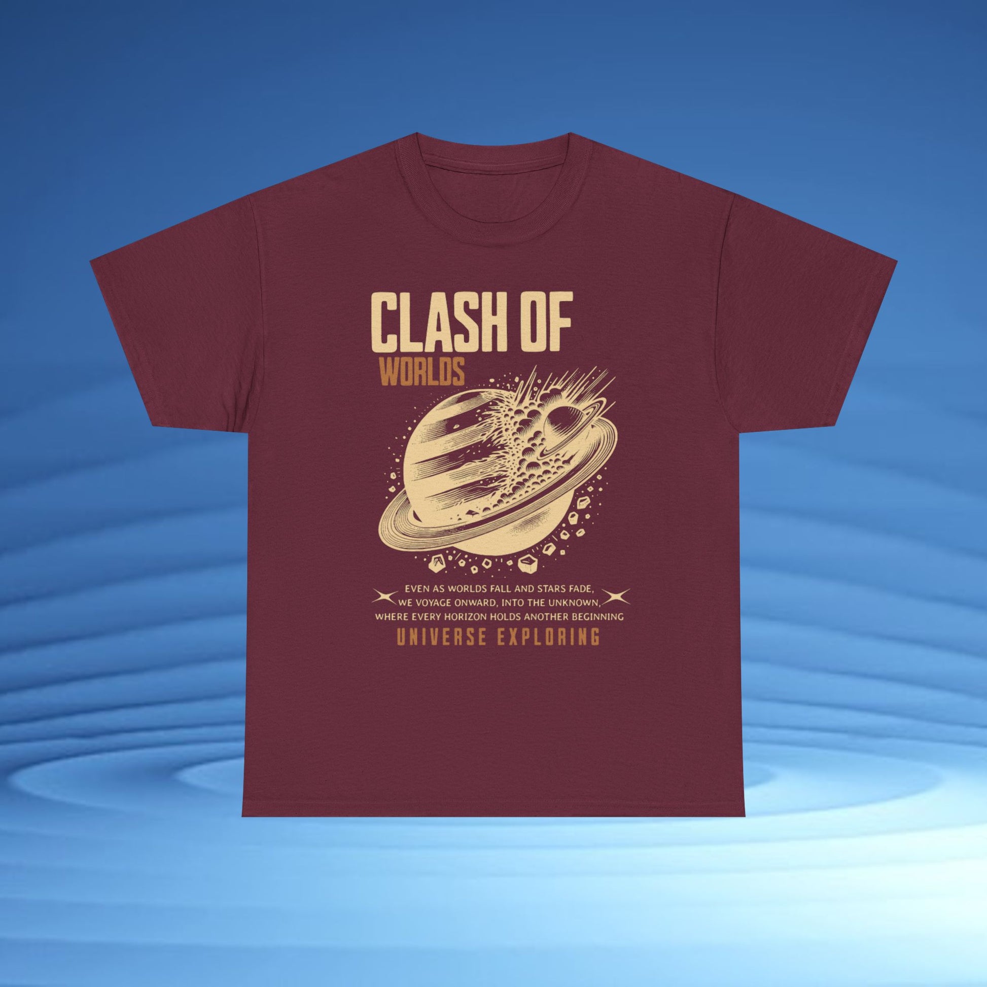 Maroon t-shirt with 'Clash of Worlds' graphic design on a blue background CosmoForma