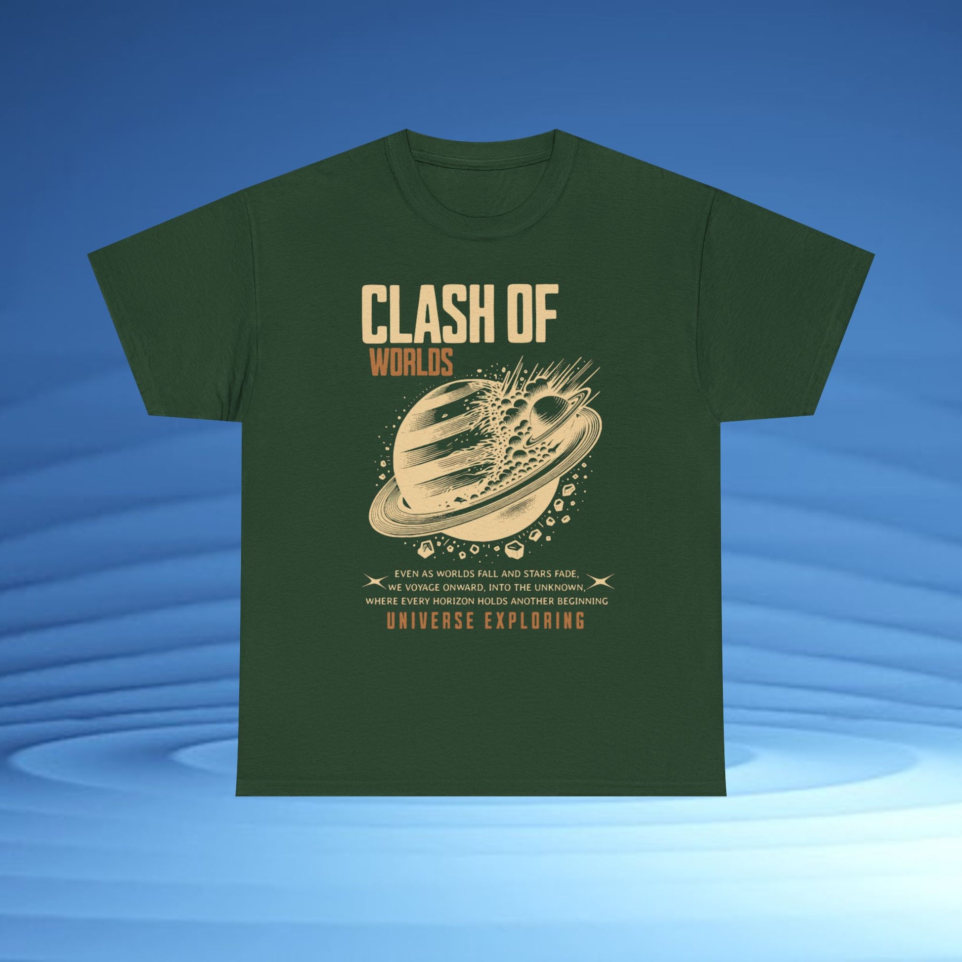 Green t-shirt with 'Clash of Worlds' graphic design on a blue gradient background