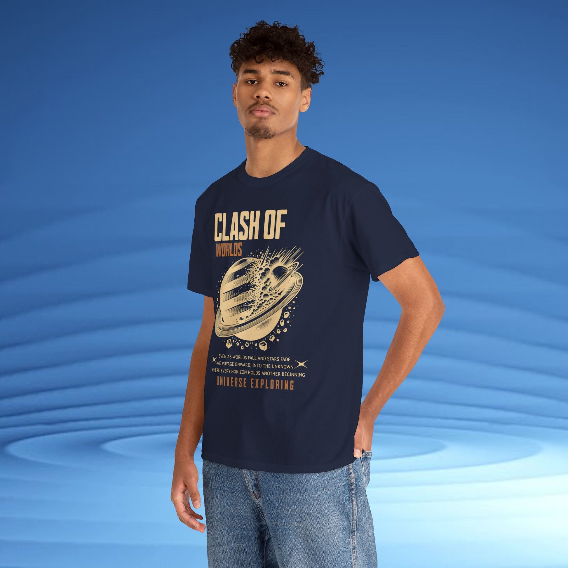 Person wearing a navy t-shirt with 'Clash of Worlds' graphic design on a blue background