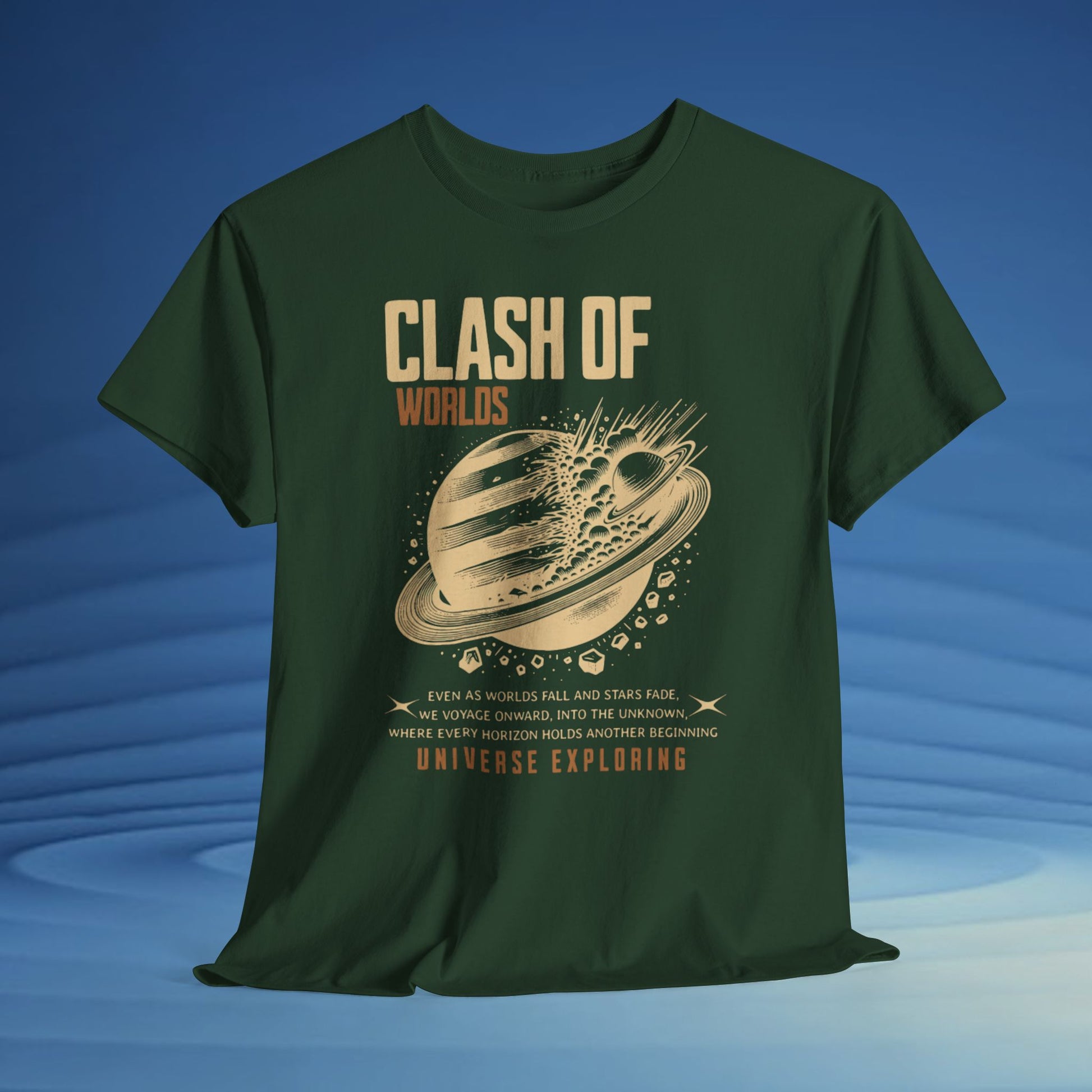 Green t-shirt with 'Clash of Worlds' graphic design on a blue gradient background