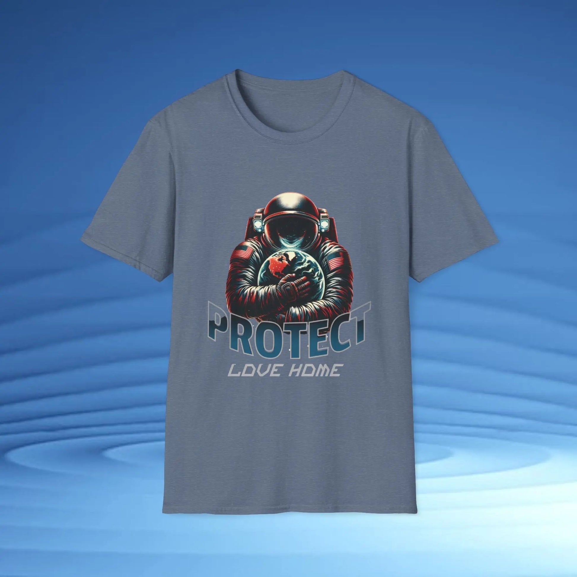 Protect Love Home T-Shirt Astronaut Environmental Graphic Tee | Cosmo Forma Eco-Inspired Streetwear Printify