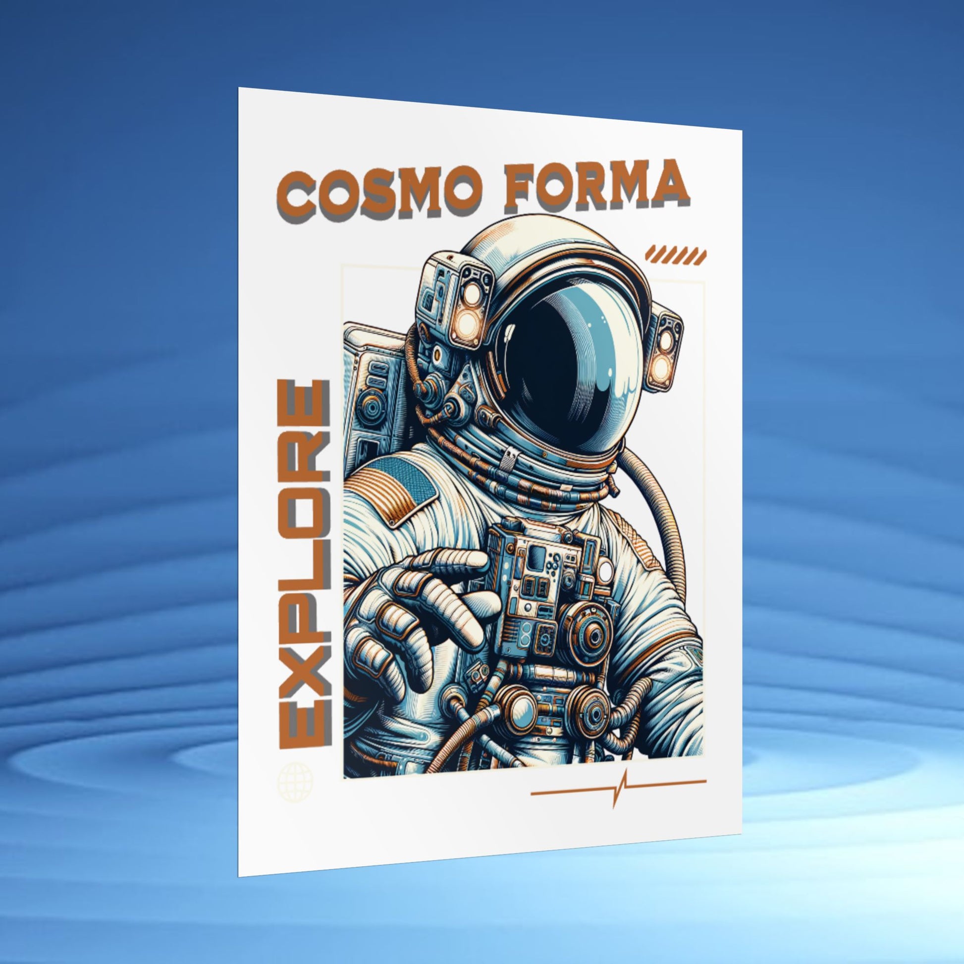 Card with an astronaut illustration and 'Cosmo Forma' branding on a blue background