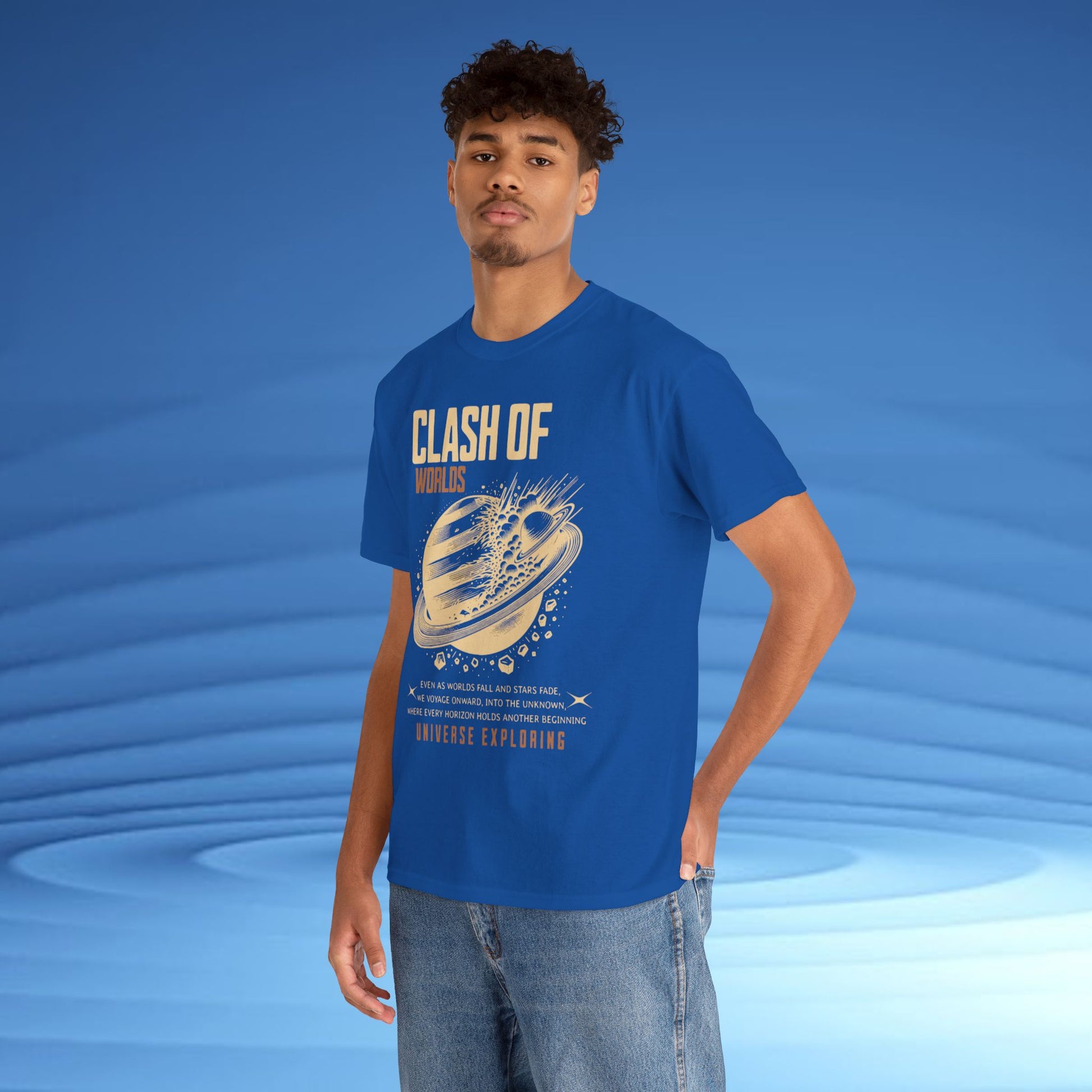 Person wearing a blue t-shirt with 'Clash of Worlds' design on a blue background