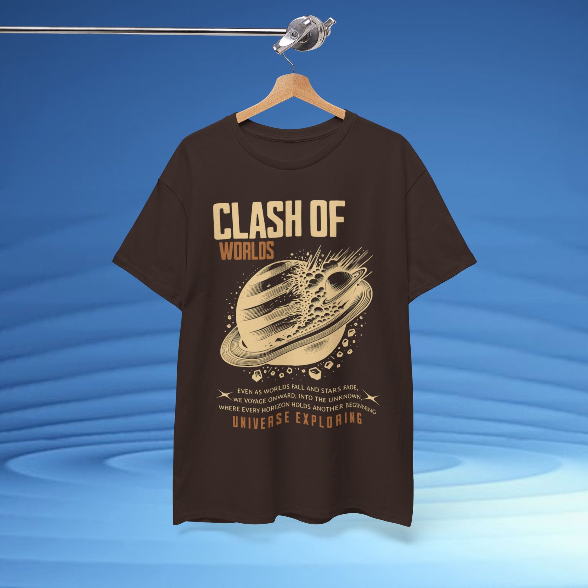 Black t-shirt with 'Clash of Worlds' graphic design on a hanger against a blue background