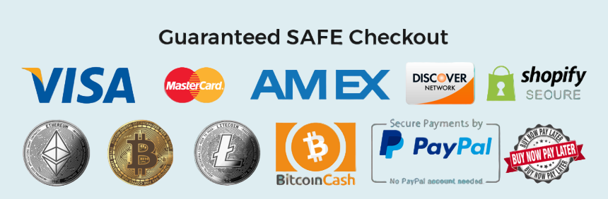 Logos of various payment methods with 'Guaranteed SAFE Checkout' text on a white background.