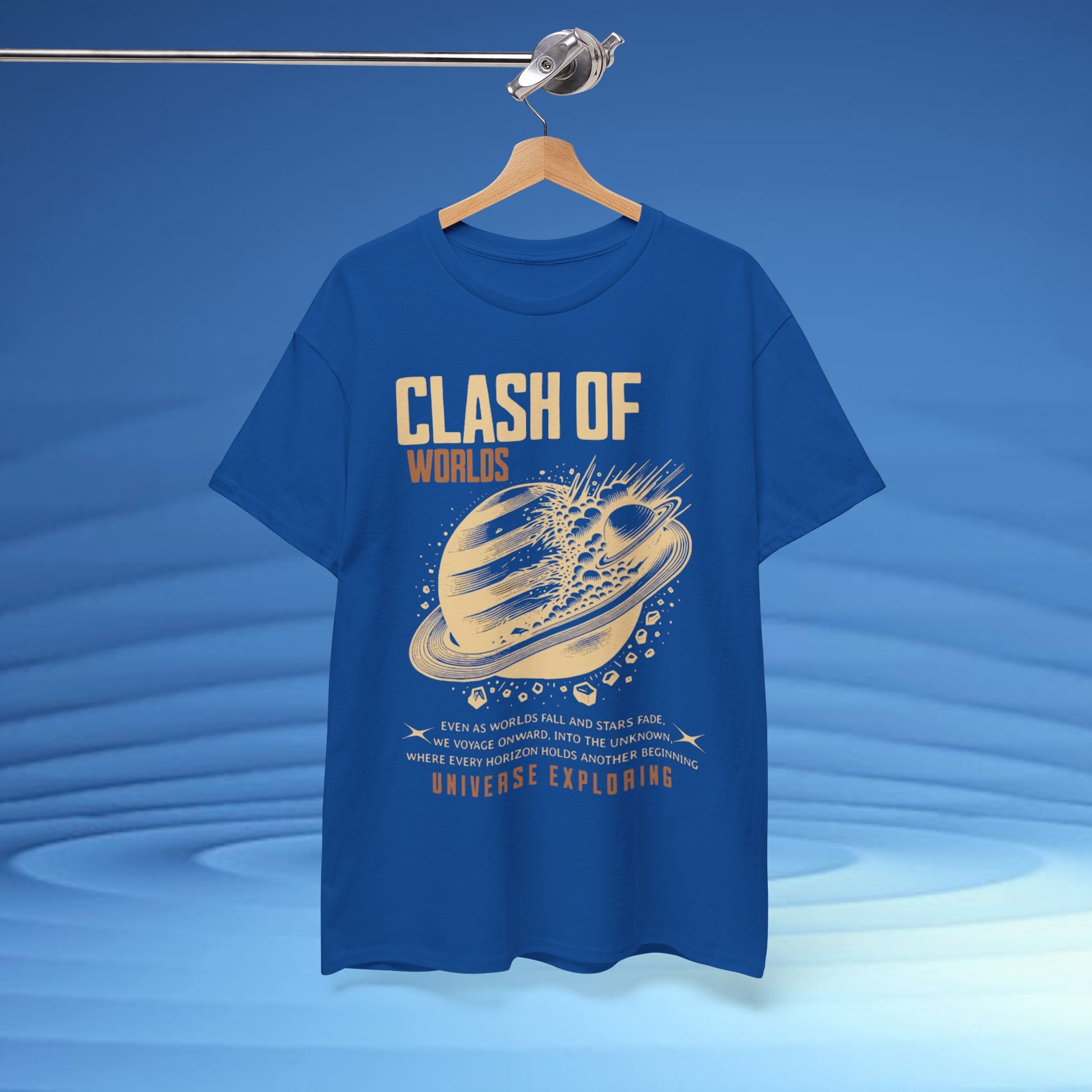 Blue t-shirt with 'Clash of Worlds' design on a hanger against a blue background