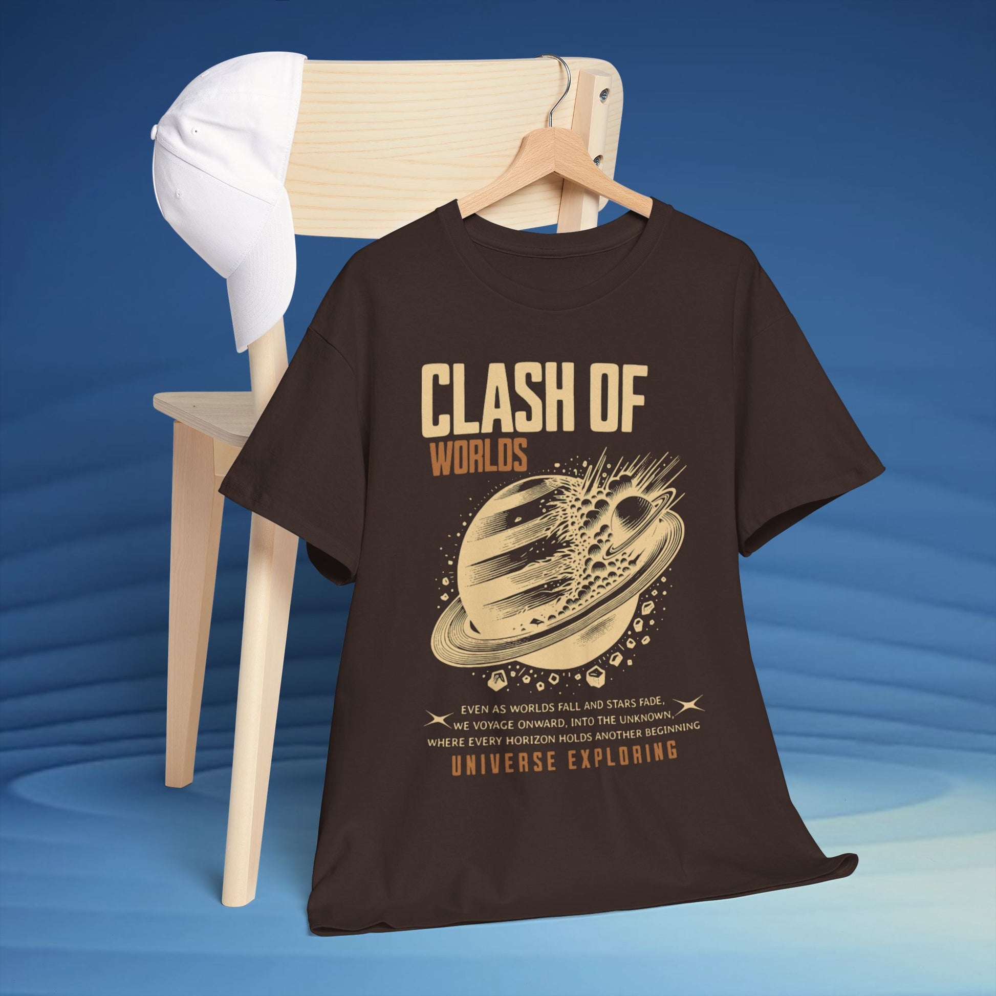 Black t-shirt with 'Clash of Worlds' graphic design on a blue background