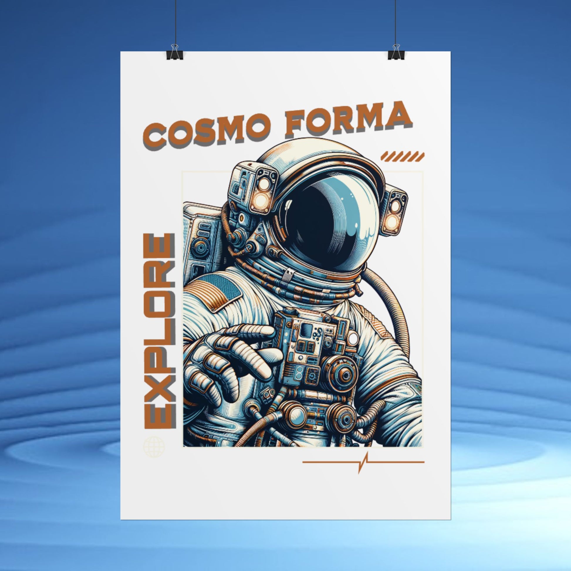 Poster with an astronaut illustration and 'Cosmo Forma' branding on a blue background