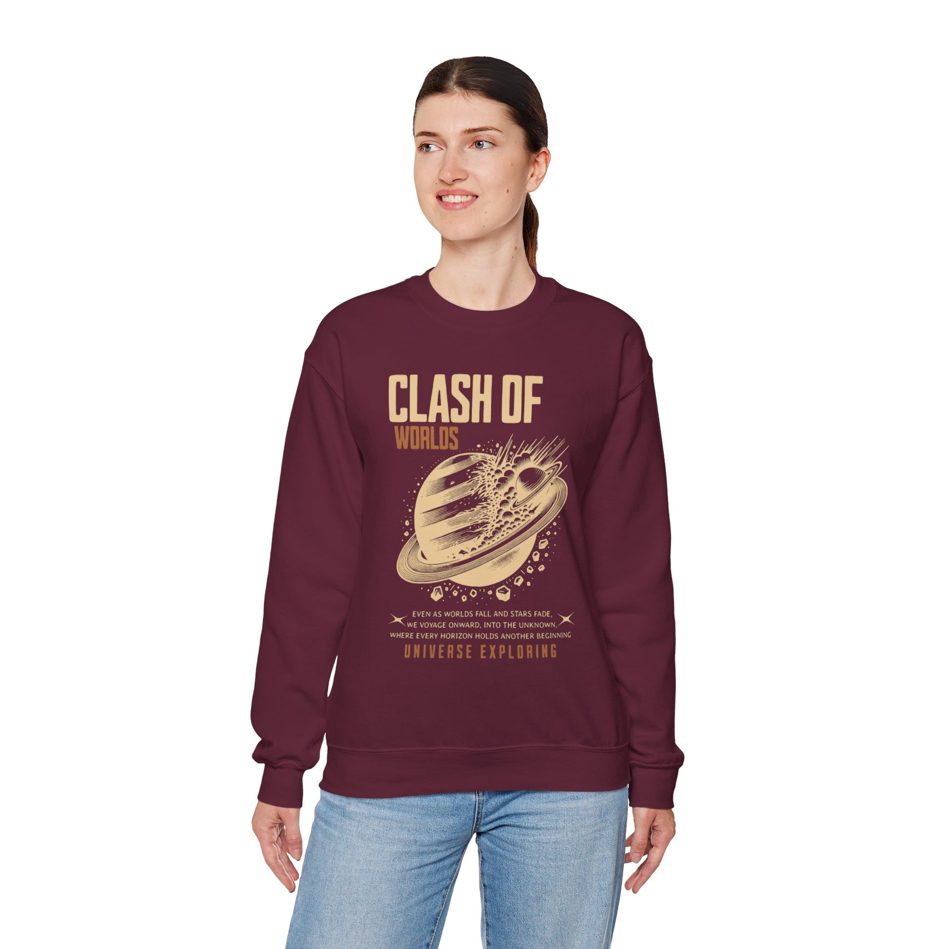 Person wearing a maroon sweatshirt with 'Clash of Worlds' graphic design on a white background