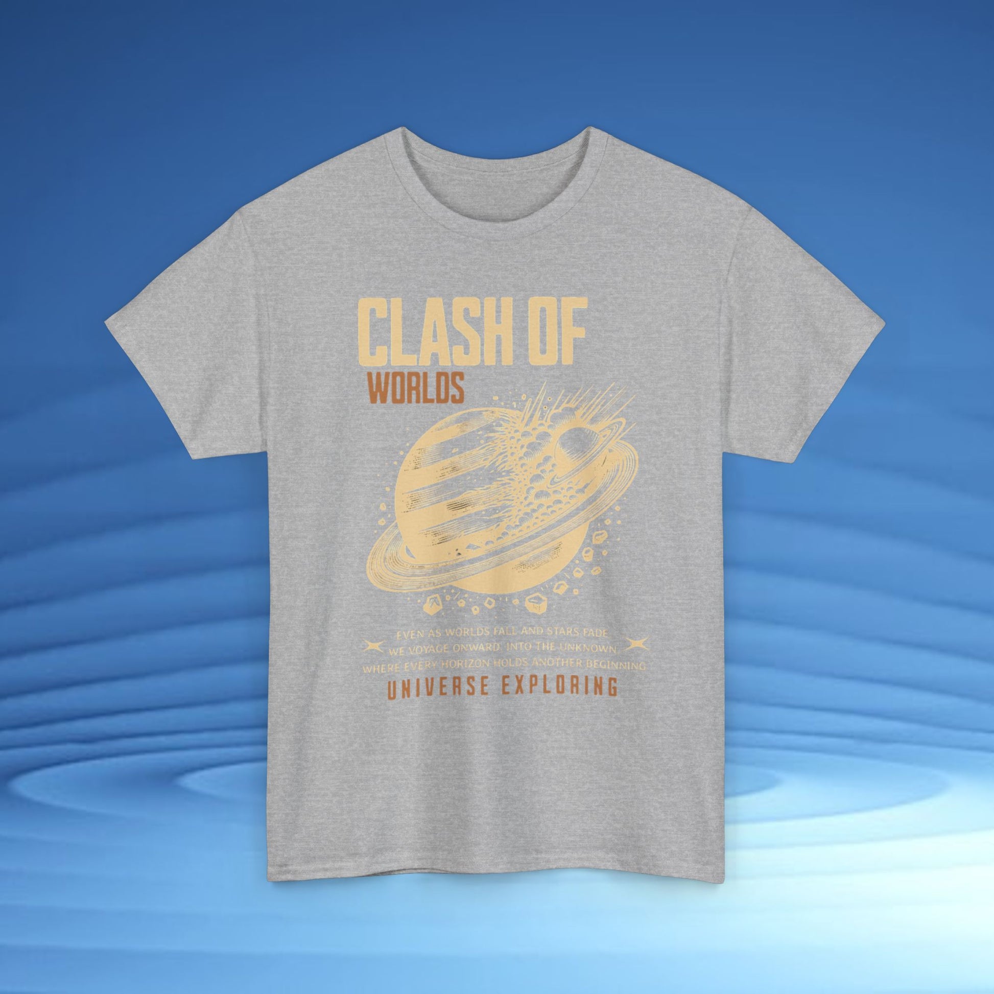 Gray t-shirt with yellow graphic and text on a blue background