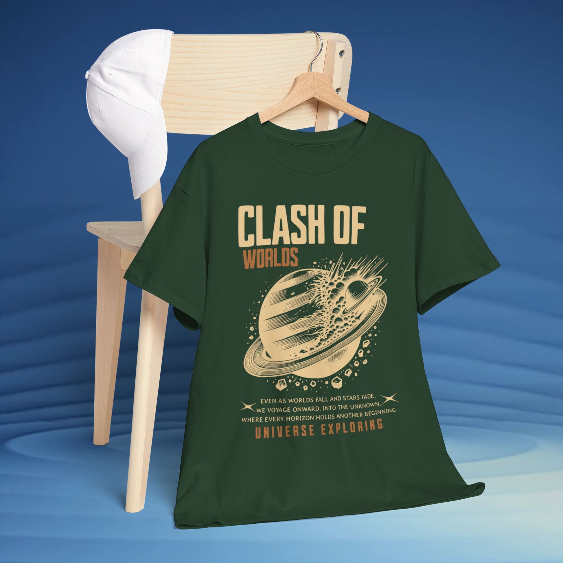 Green t-shirt with 'Clash of Worlds' graphic design on a blue background