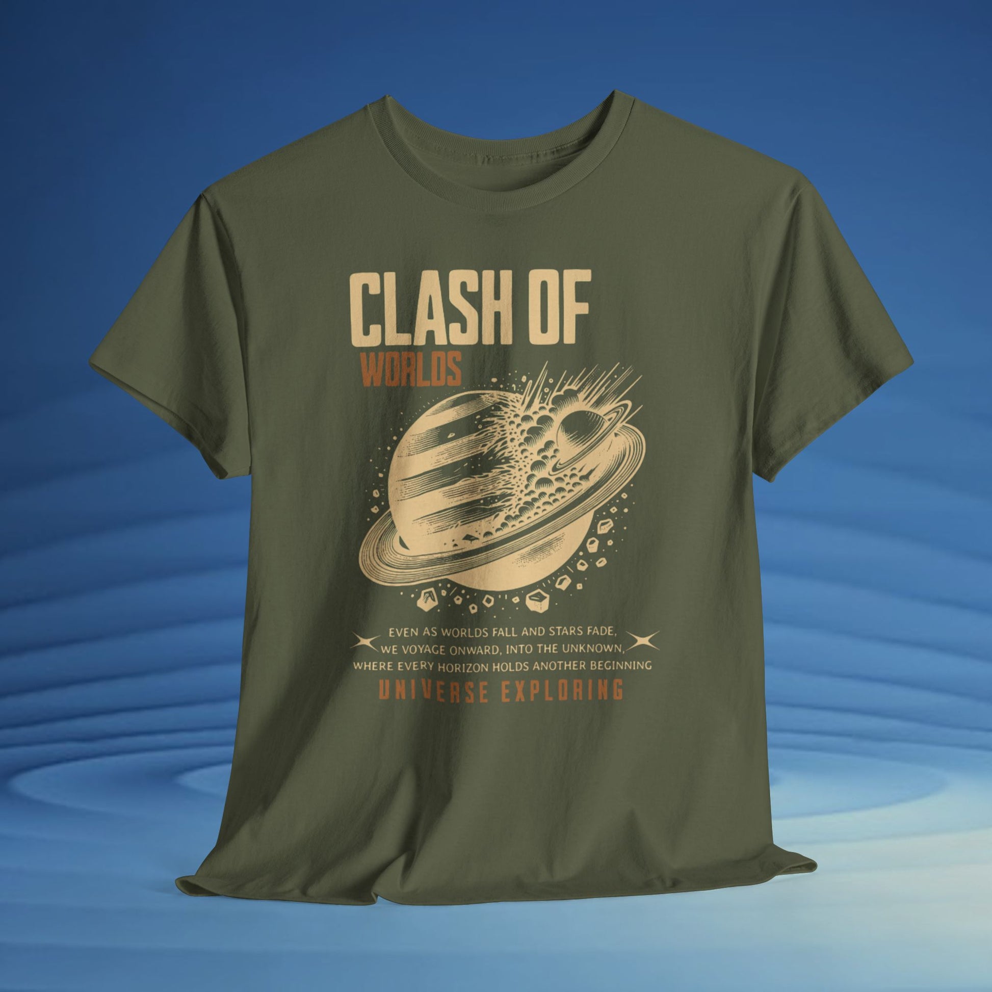 Green t-shirt with 'Clash of Worlds' graphic design on a blue background