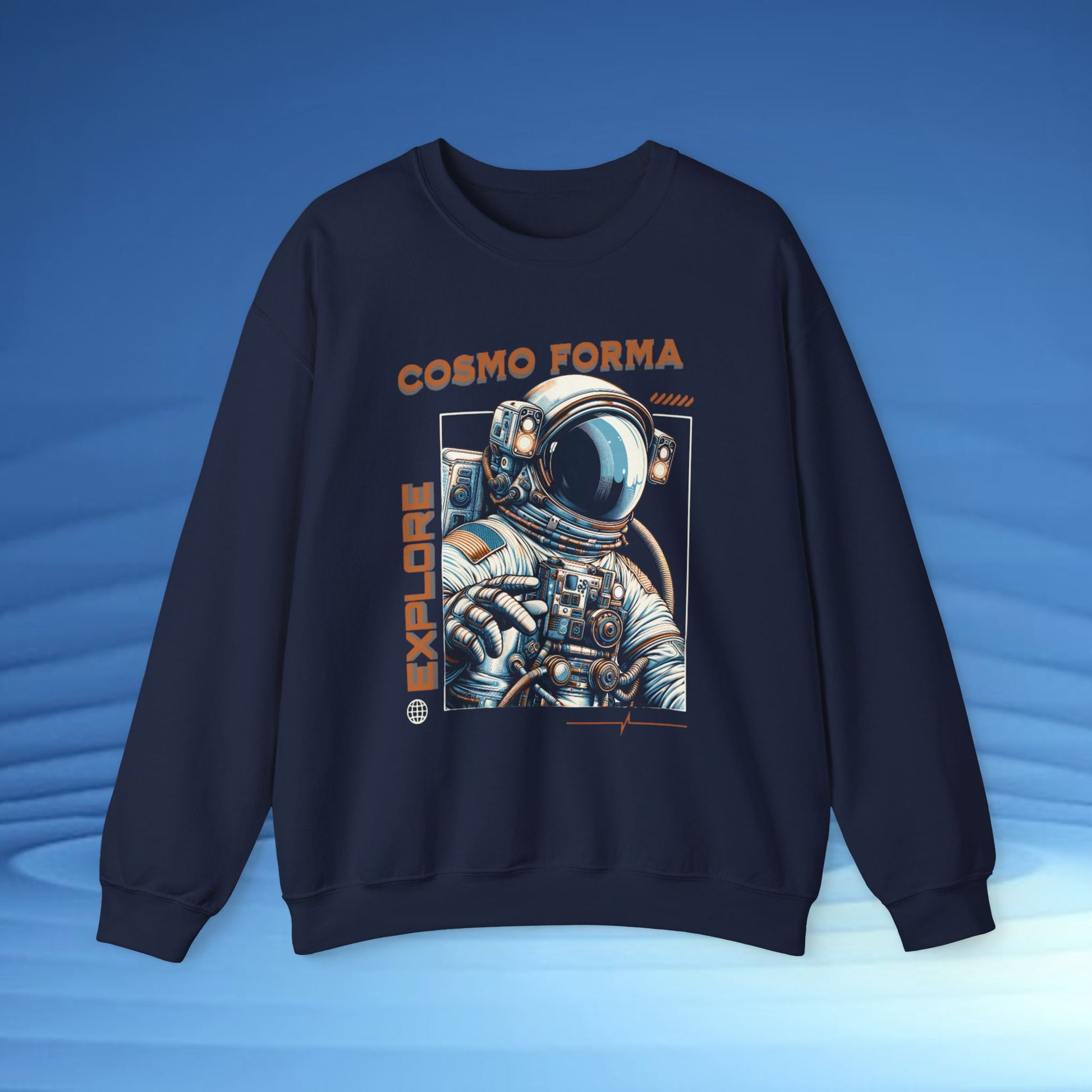 Navy blue sweatshirt with astronaut graphic and 'Cosmo Forma' text on a blue background