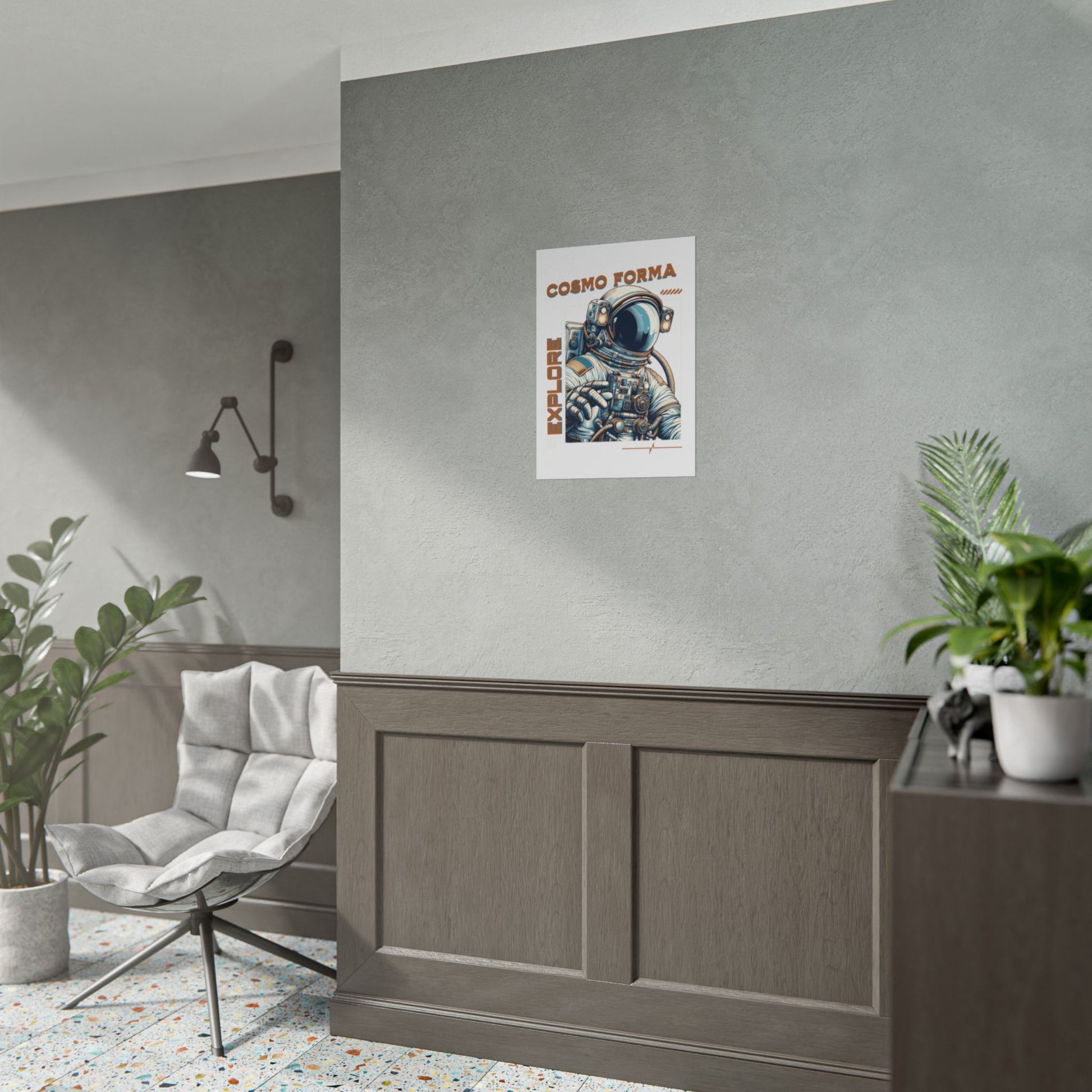 Modern interior with a chair, plants, and a wall with a poster.