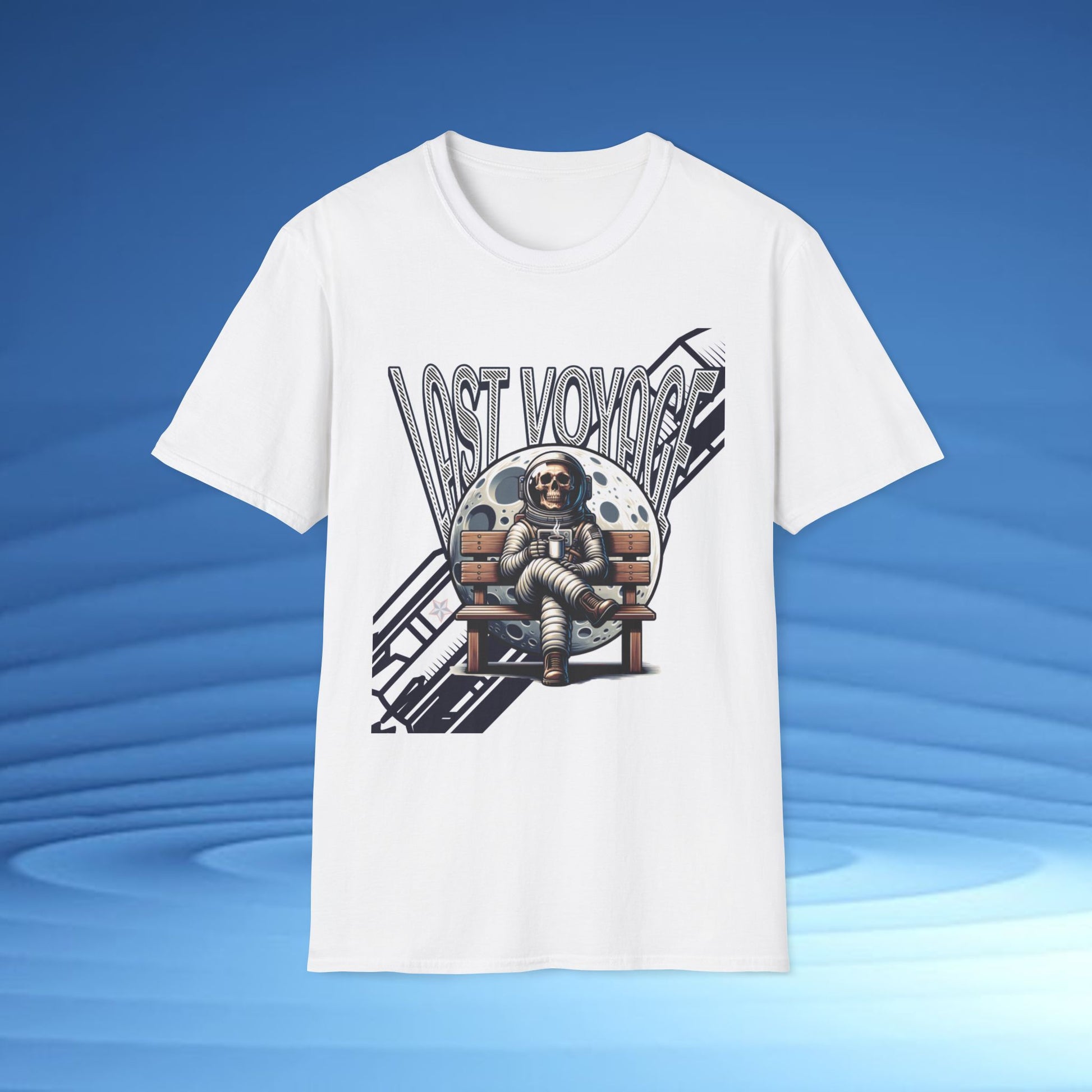 White t-shirt with 'Lost Voyage' astronaut graphic on a blue gradient  CosmoForma background
