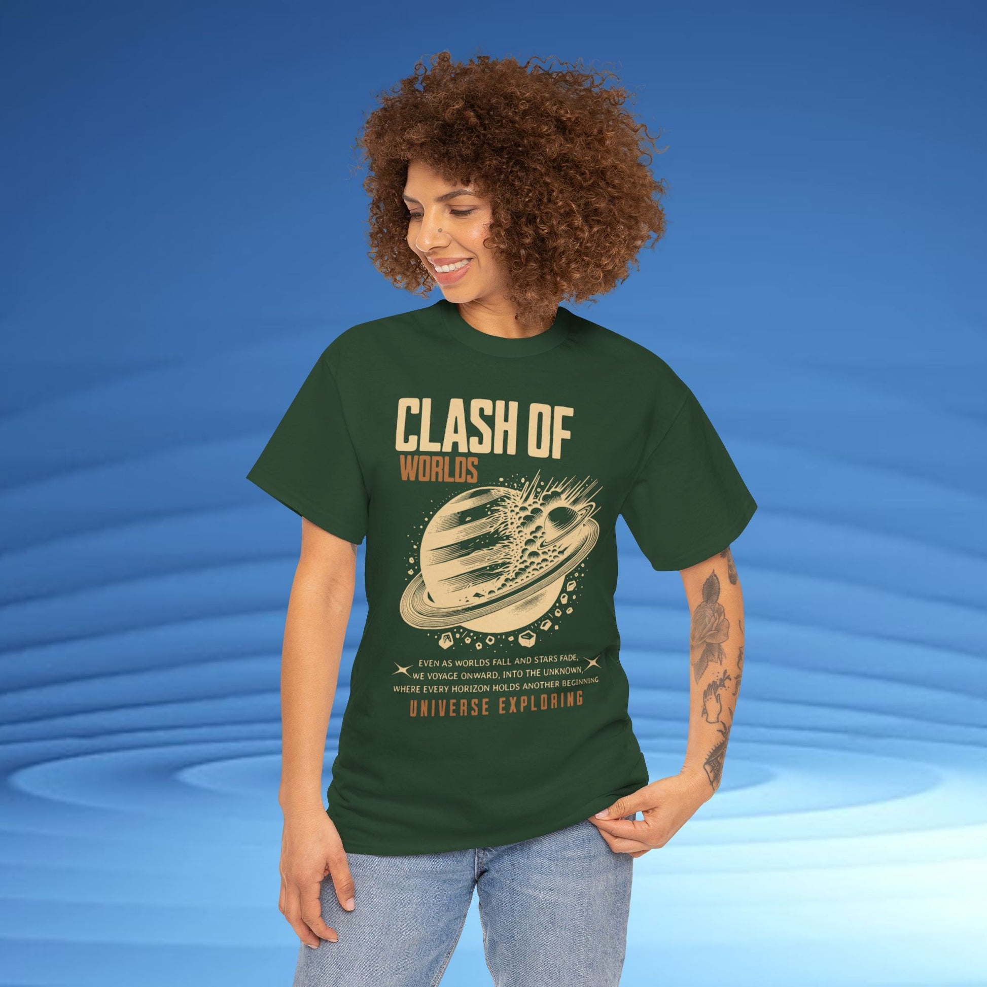 Person wearing a green t-shirt with 'Clash of Worlds' design on a blue background