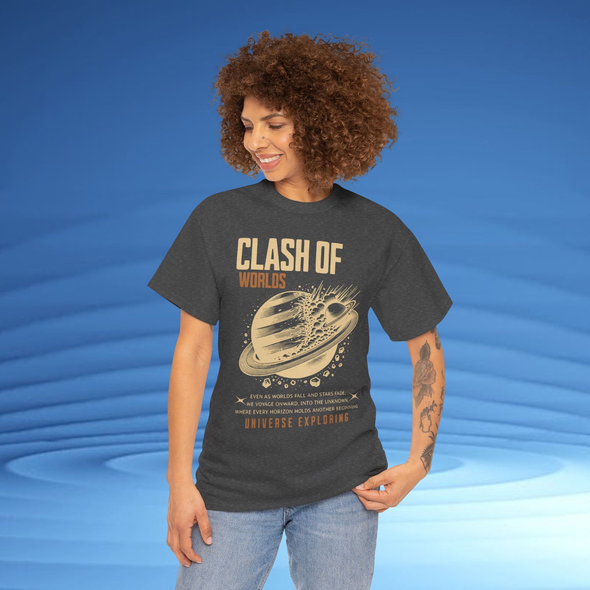 Person wearing a t-shirt with 'Clash of Worlds' design on a blue background