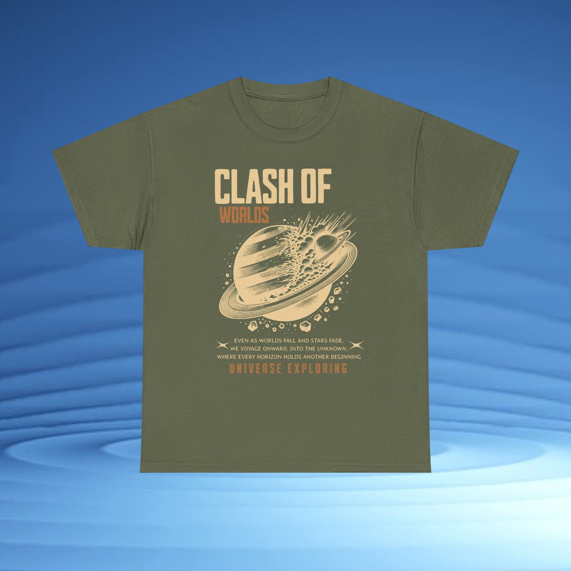 Green t-shirt with 'Clash of Worlds' graphic design on a blue background