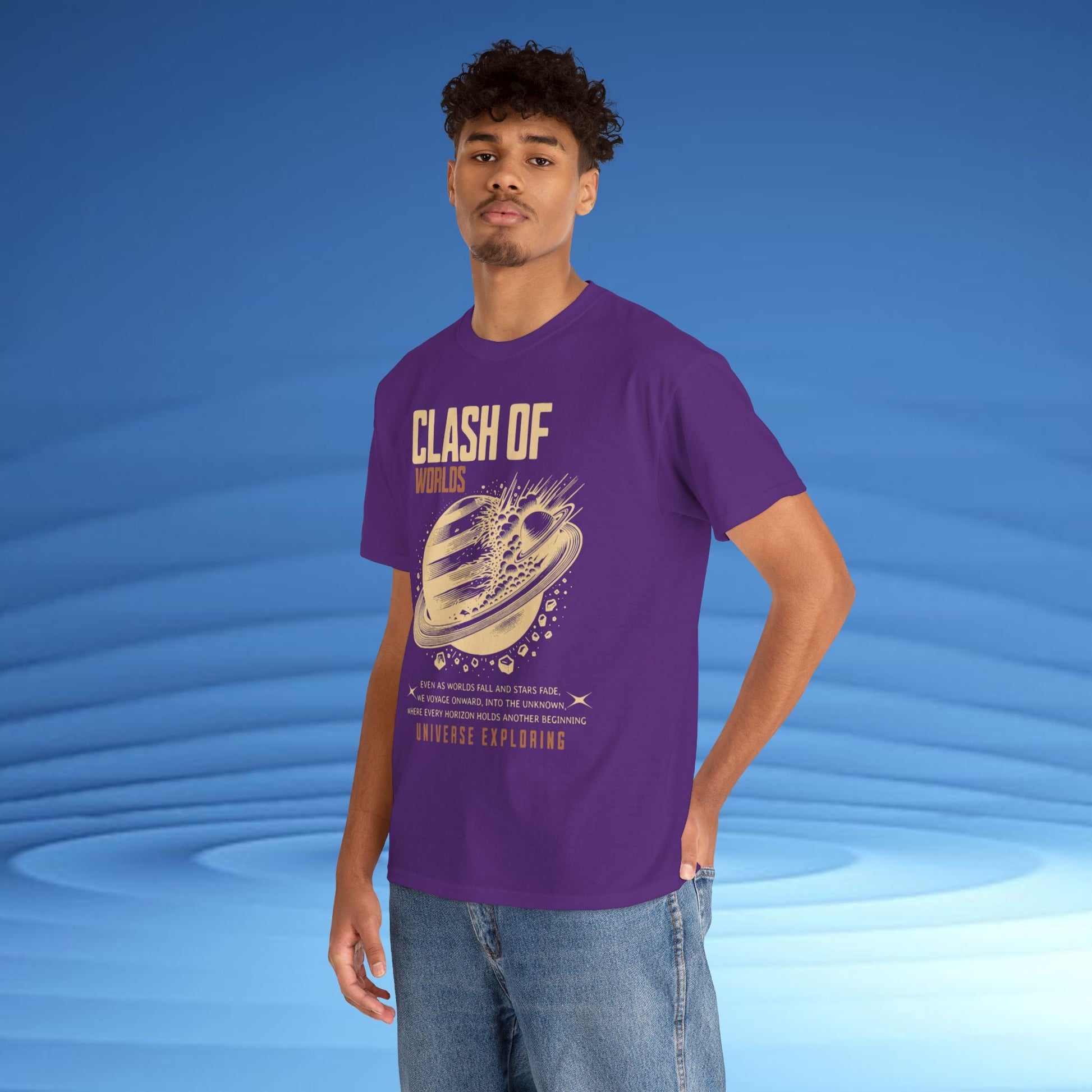 Person wearing a purple t-shirt with 'Clash of Words' design on a blue background