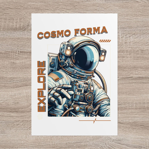 Poster with an astronaut illustration and 'Cosmo Forma' text on a wooden surface