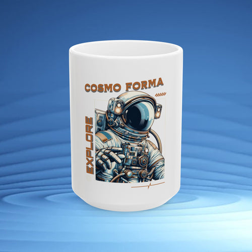 White mug with astronaut design and 'Cosmo Forma' text on a blue gradient background
