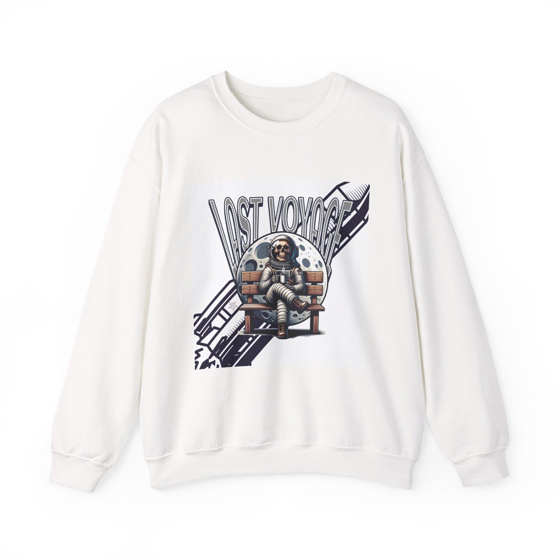 White sweatshirt with 'Last Voyage' graphic design on a white background