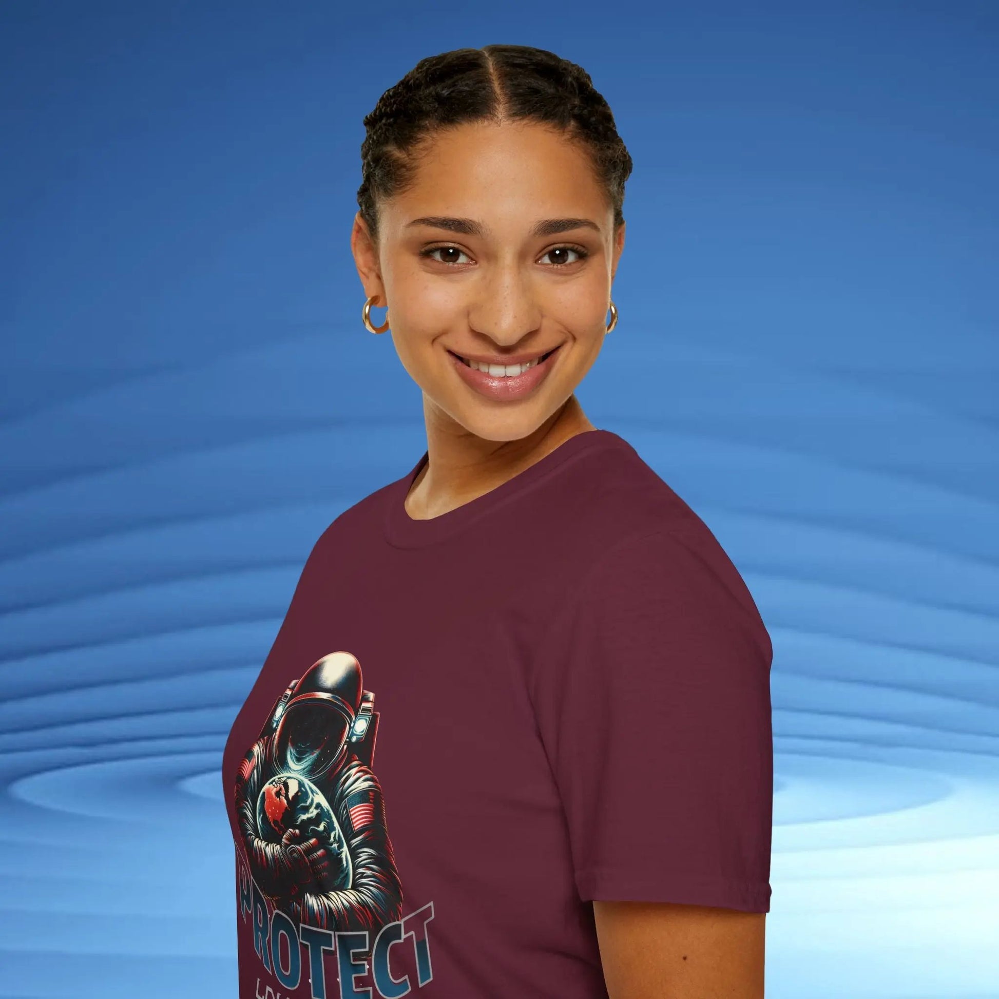 Protect Love Home T-Shirt Astronaut Environmental Graphic Tee | Cosmo Forma Eco-Inspired Streetwear Printify