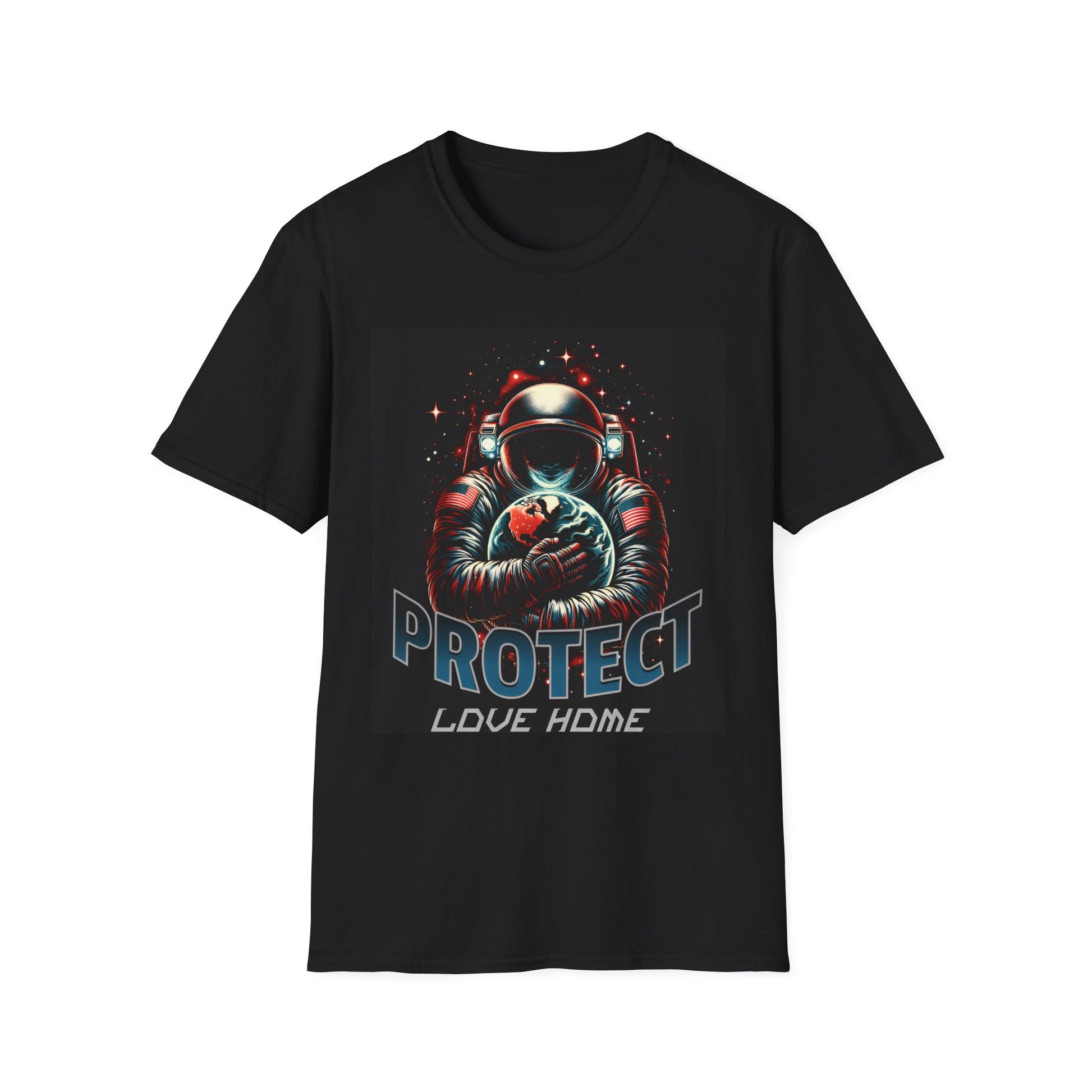 Black t-shirt with an astronaut graphic and 'PROTECT LOVE HOME' text on a white background
