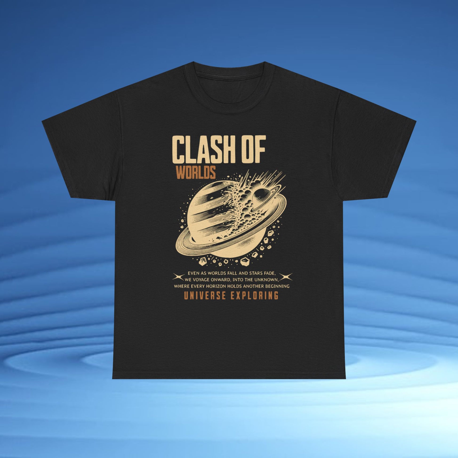 Black t-shirt with 'Clash of Worlds' graphic design on a blue background CosmoForma