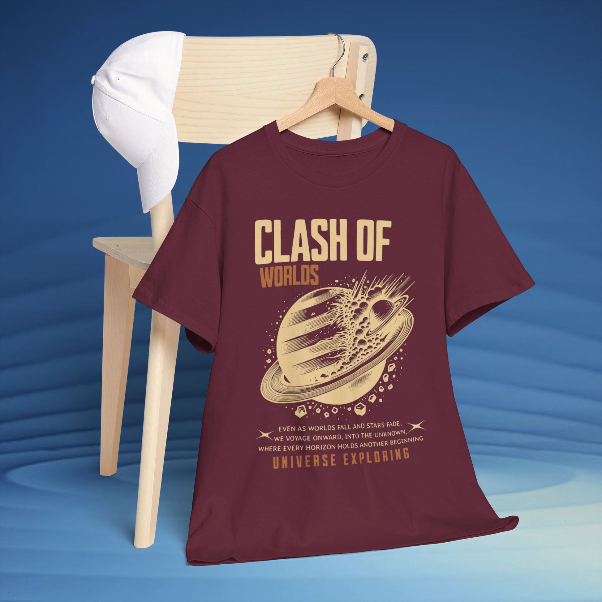 Maroon t-shirt with 'Clash of Worlds' graphic design on a blue background